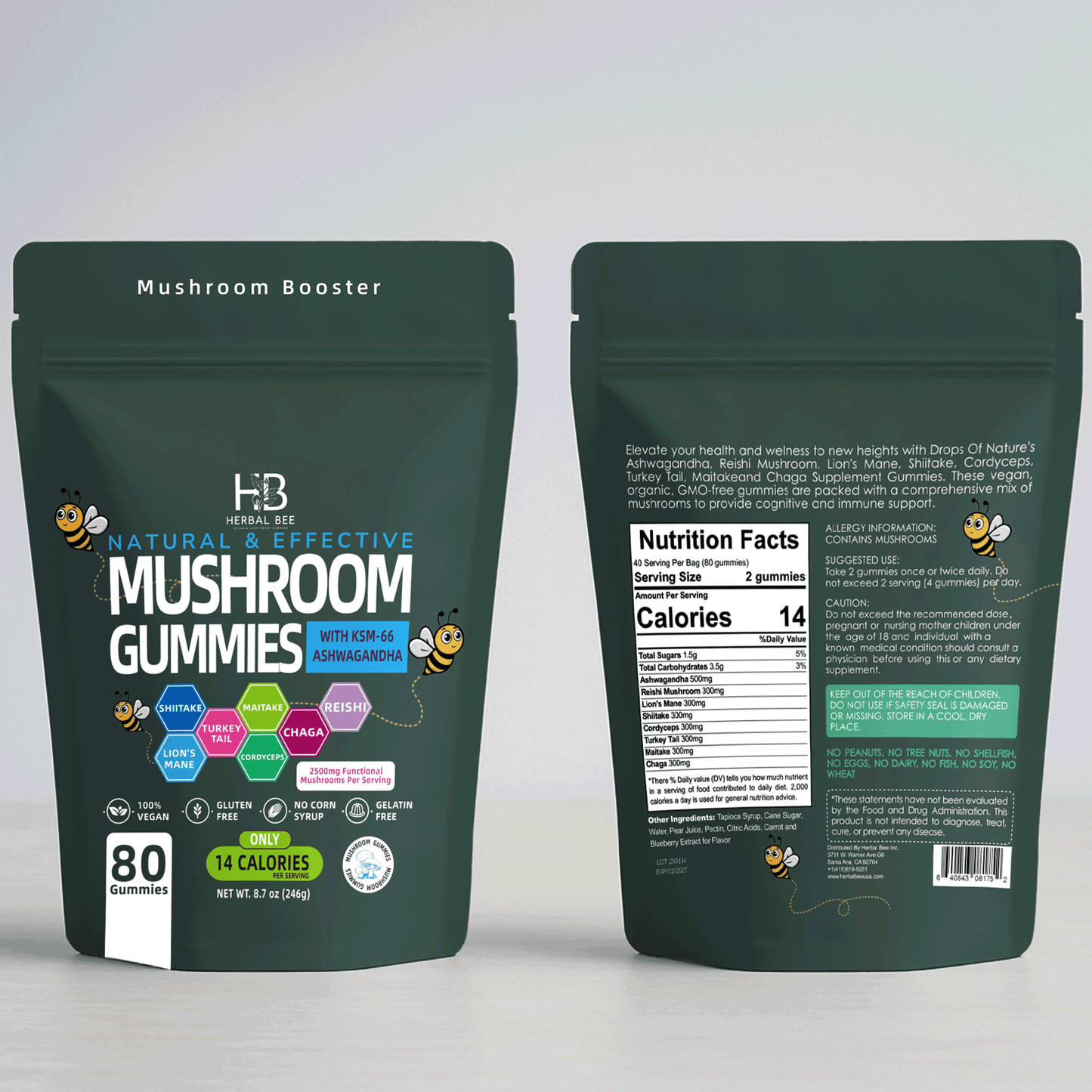 Organic Ashwagandha & Lions Mane Mushroom Gummies - Reishi, Cordyceps, Turkey Tail, Maitake | 80 gummies