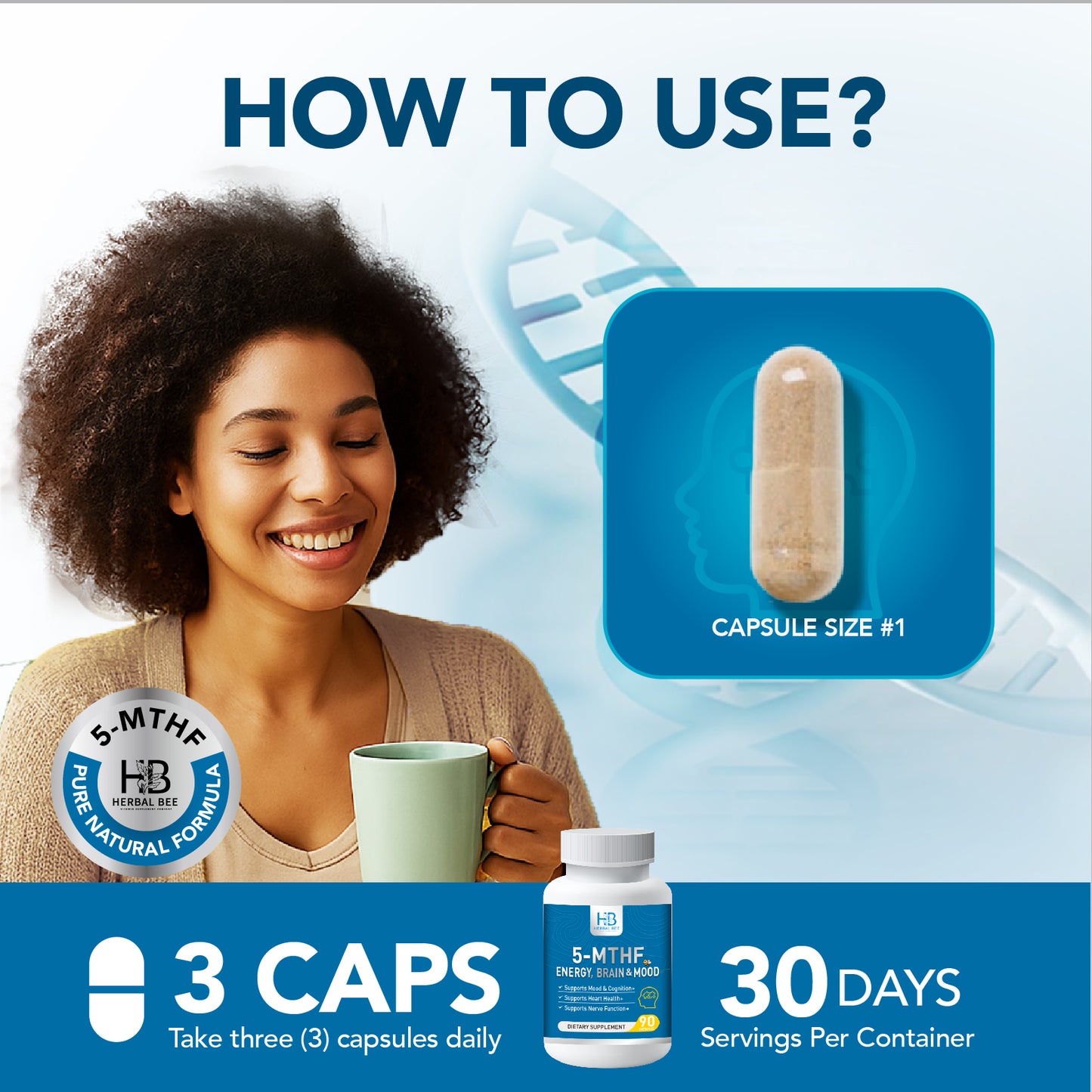 Herbal Bee 5-MTHF Energy, Brain & Mood – Methylated Folate with B6, B12, Riboflavin – Supports Cognitive Health | 90 Capsules