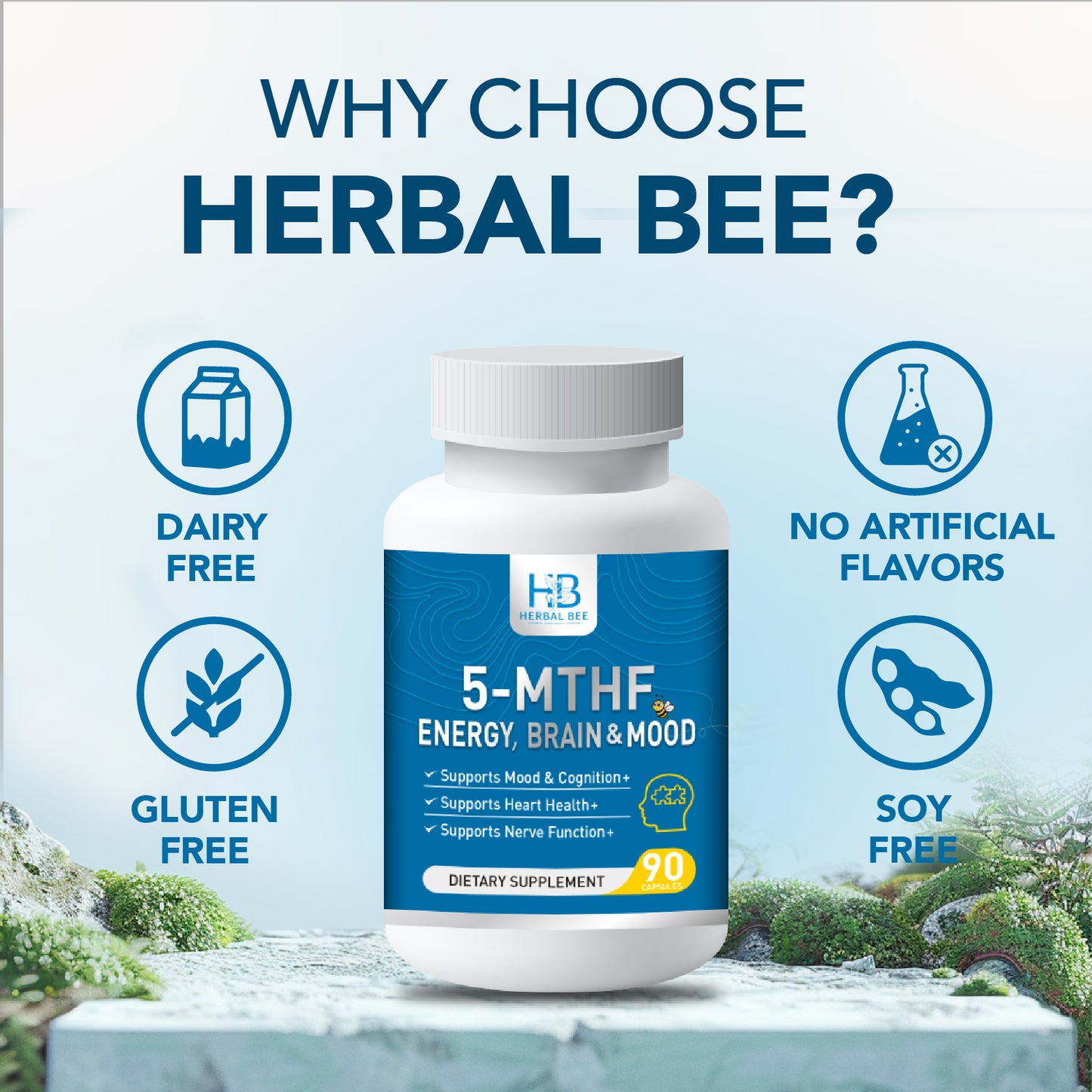 Herbal Bee 5-MTHF Energy, Brain & Mood – Methylated Folate with B6, B12, Riboflavin – Supports Cognitive Health | 90 Capsules