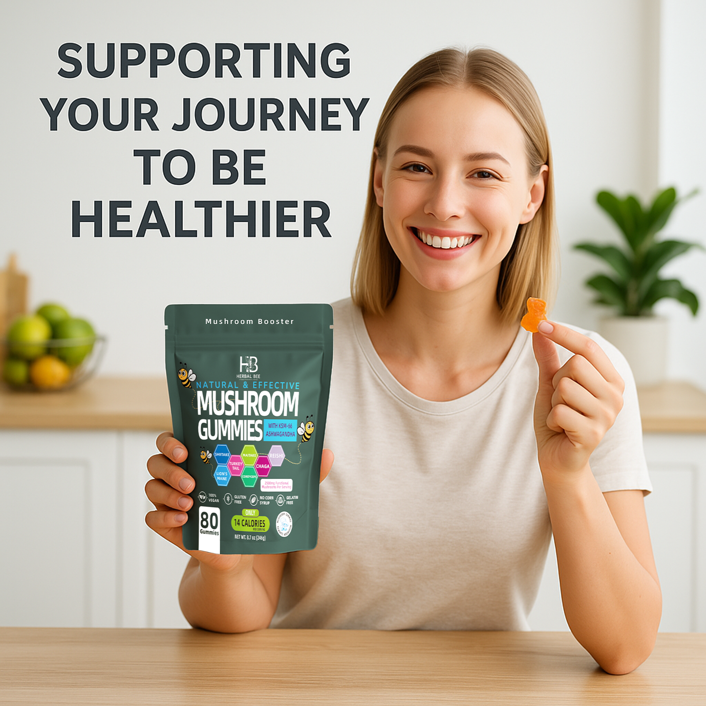 Organic Ashwagandha & Lions Mane Mushroom Gummies - Reishi, Cordyceps, Turkey Tail, Maitake | 80 gummies