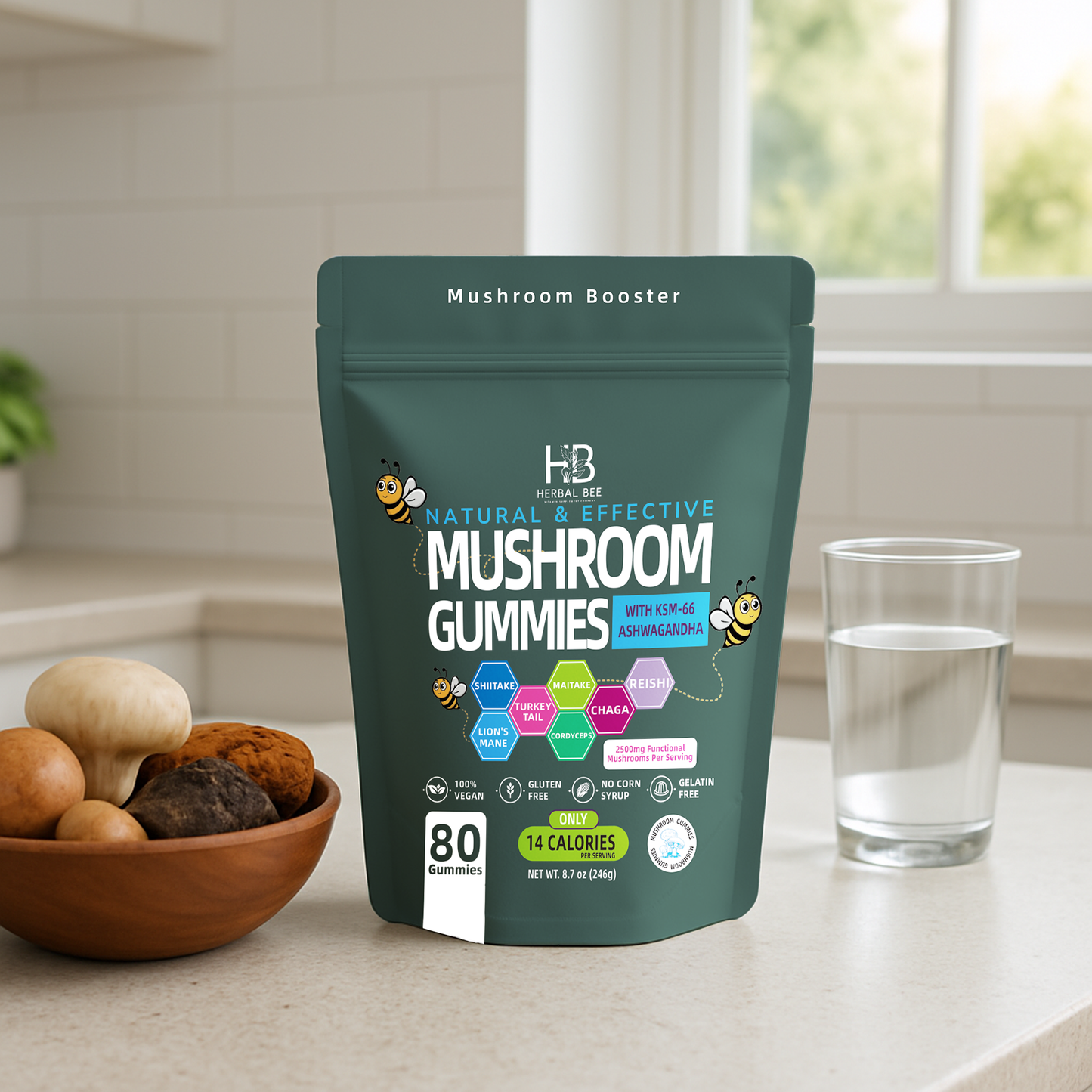 Organic Ashwagandha & Lions Mane Mushroom Gummies - Reishi, Cordyceps, Turkey Tail, Maitake | 80 gummies