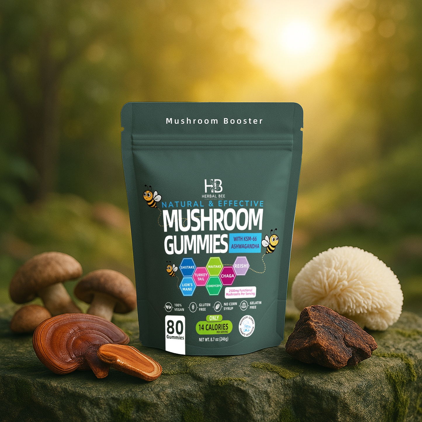 Organic Ashwagandha & Lions Mane Mushroom Gummies - Reishi, Cordyceps, Turkey Tail, Maitake | 80 gummies