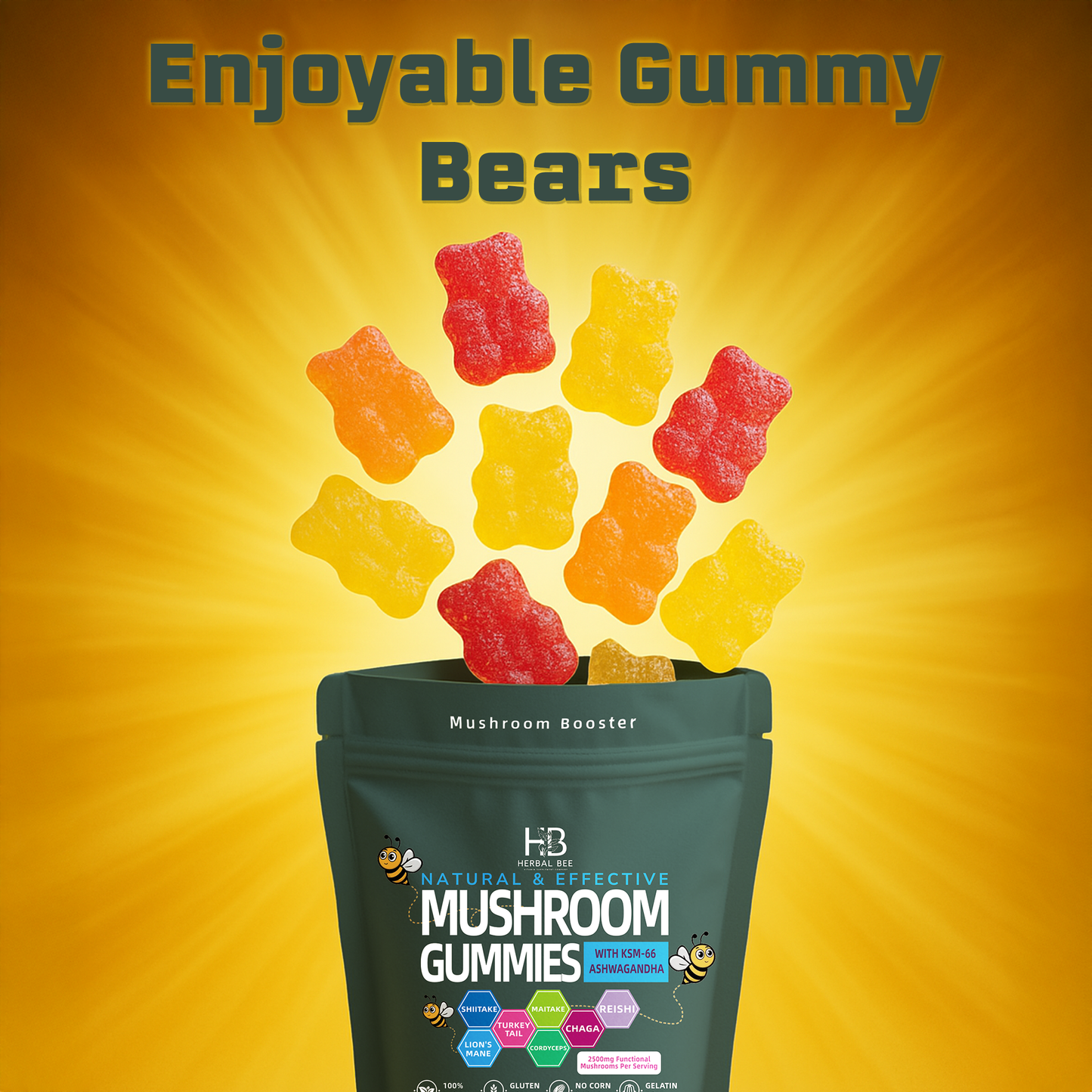 Organic Ashwagandha & Lions Mane Mushroom Gummies - Reishi, Cordyceps, Turkey Tail, Maitake | 80 gummies