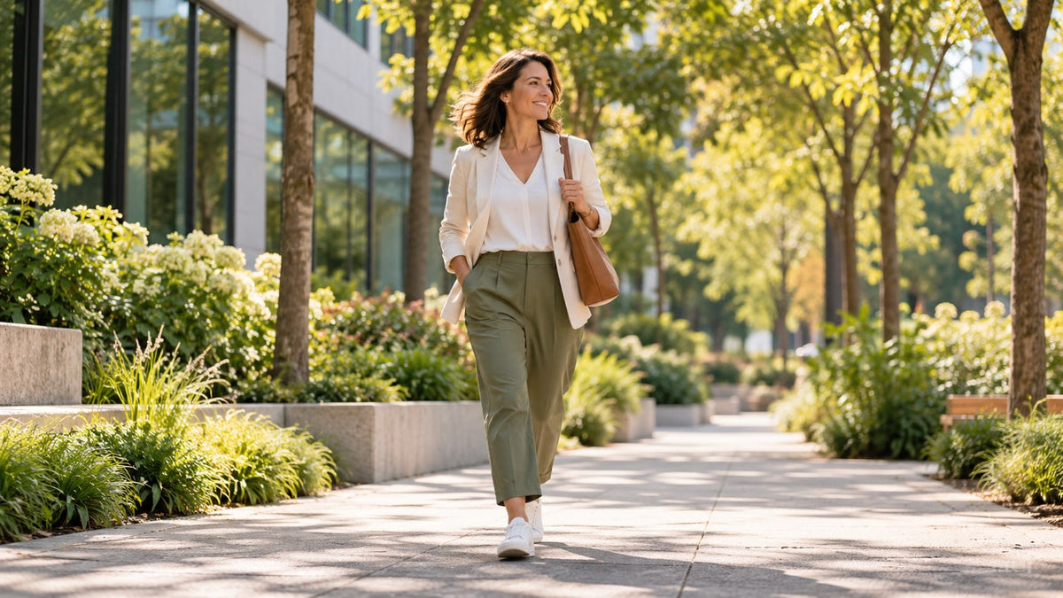 A woman taking a brisk walk outside her office on a sunny day