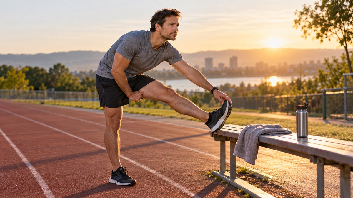 A man stretching on a bench beside a running track at sunrise