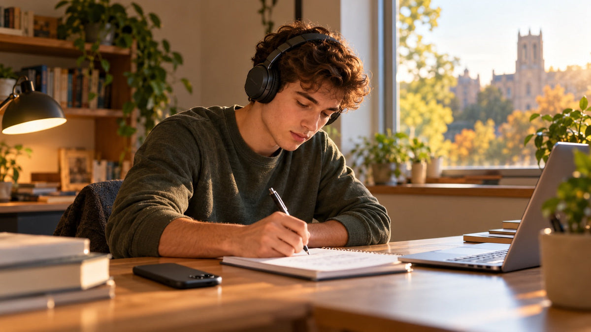 A student with headphones taking notes at a desk by the window