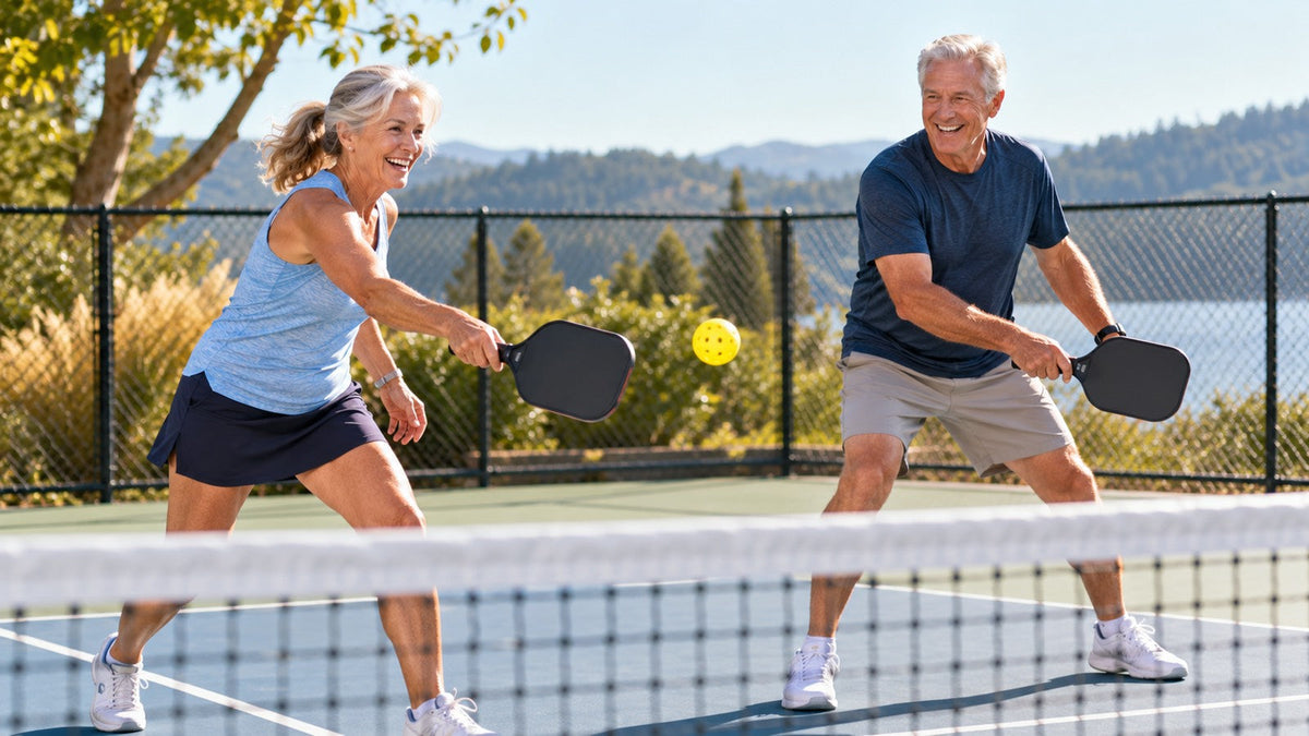 An older woman and man playing pickleball on a sunny outdoor court