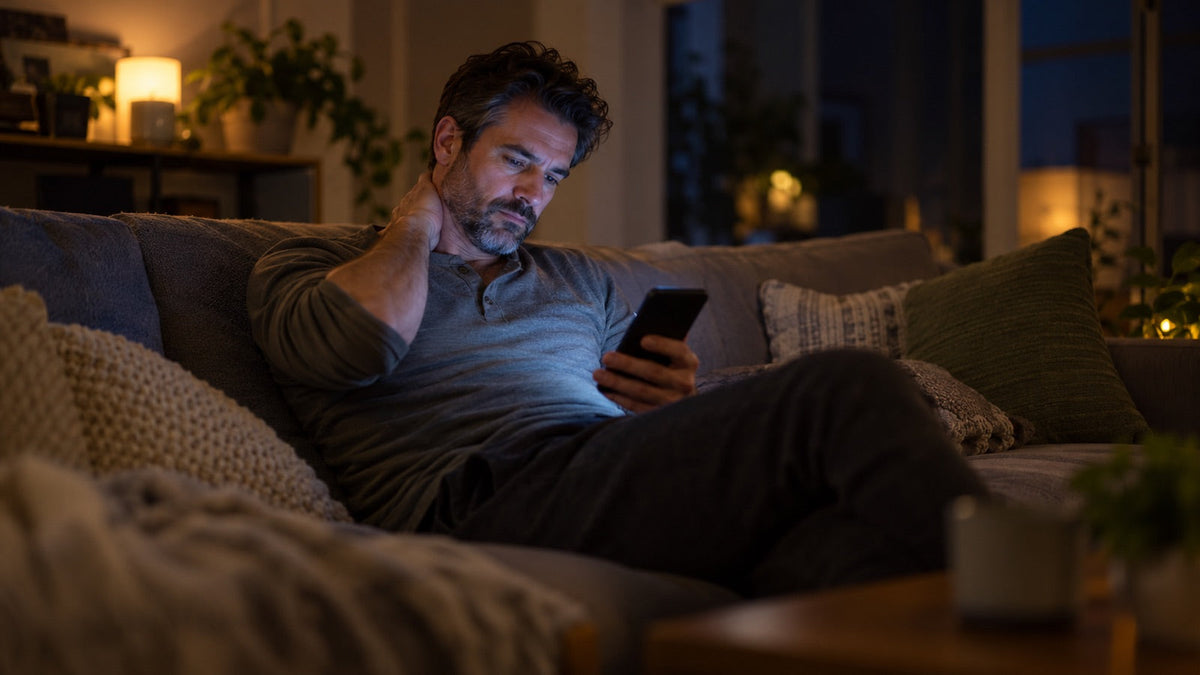 A tired man on the sofa at night, looking at his phone