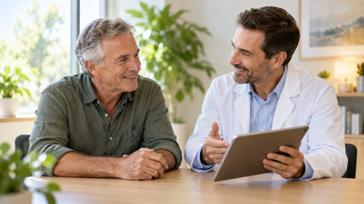 A man talking with his doctor at a bright clinic desk