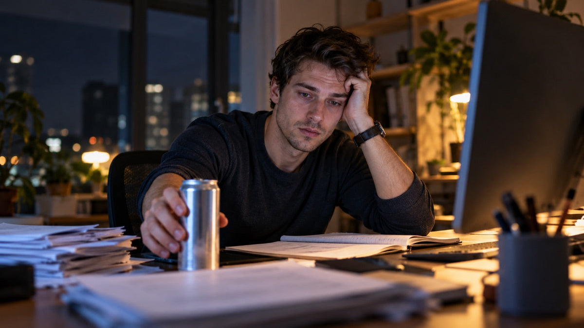 A tired man at his desk late at night, resting his head on his hand
