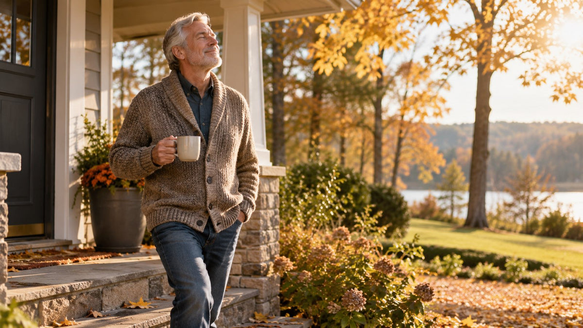 An older man stepping outside with a mug of coffee on a sunny autumn morning