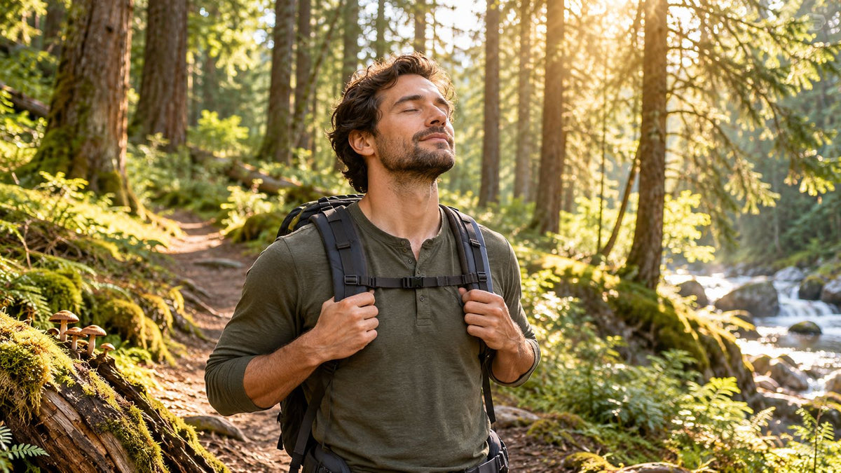 A man on a quiet forest trail, eyes closed, breathing in the fresh air