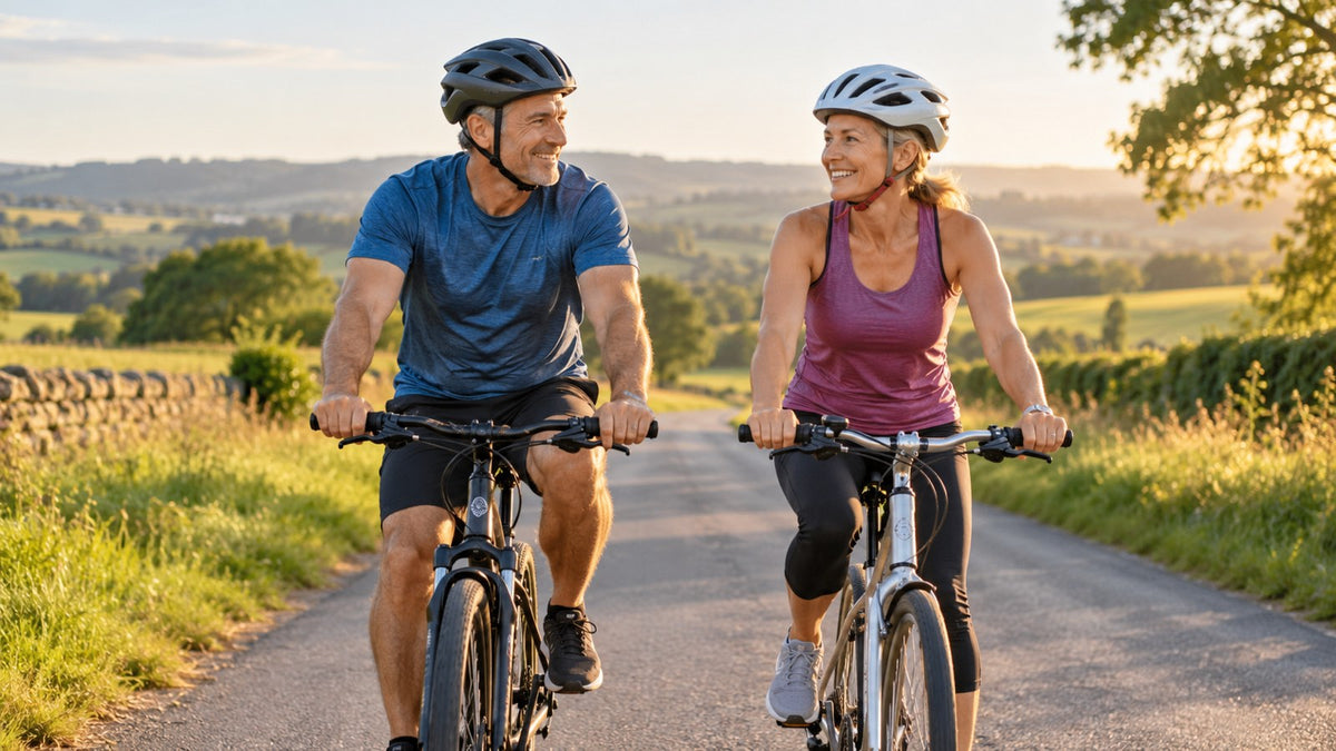A man and woman cycling together on a country road at golden hour