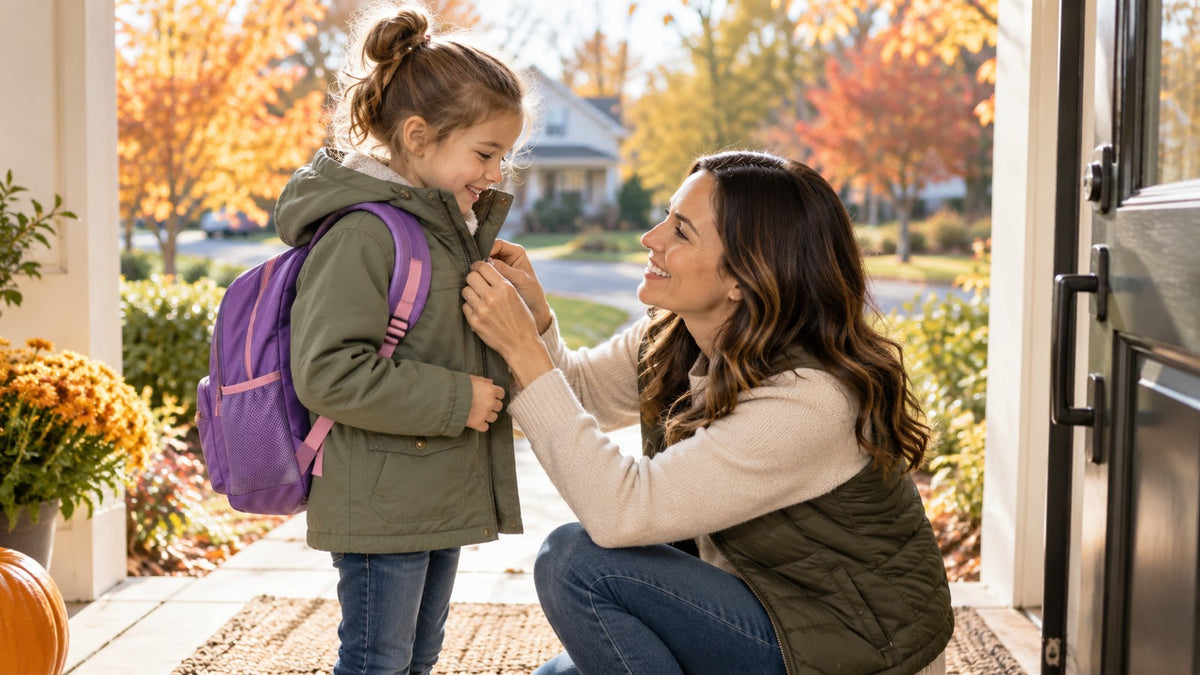 A mother zipping up her daughter's jacket at the front door on an autumn morning