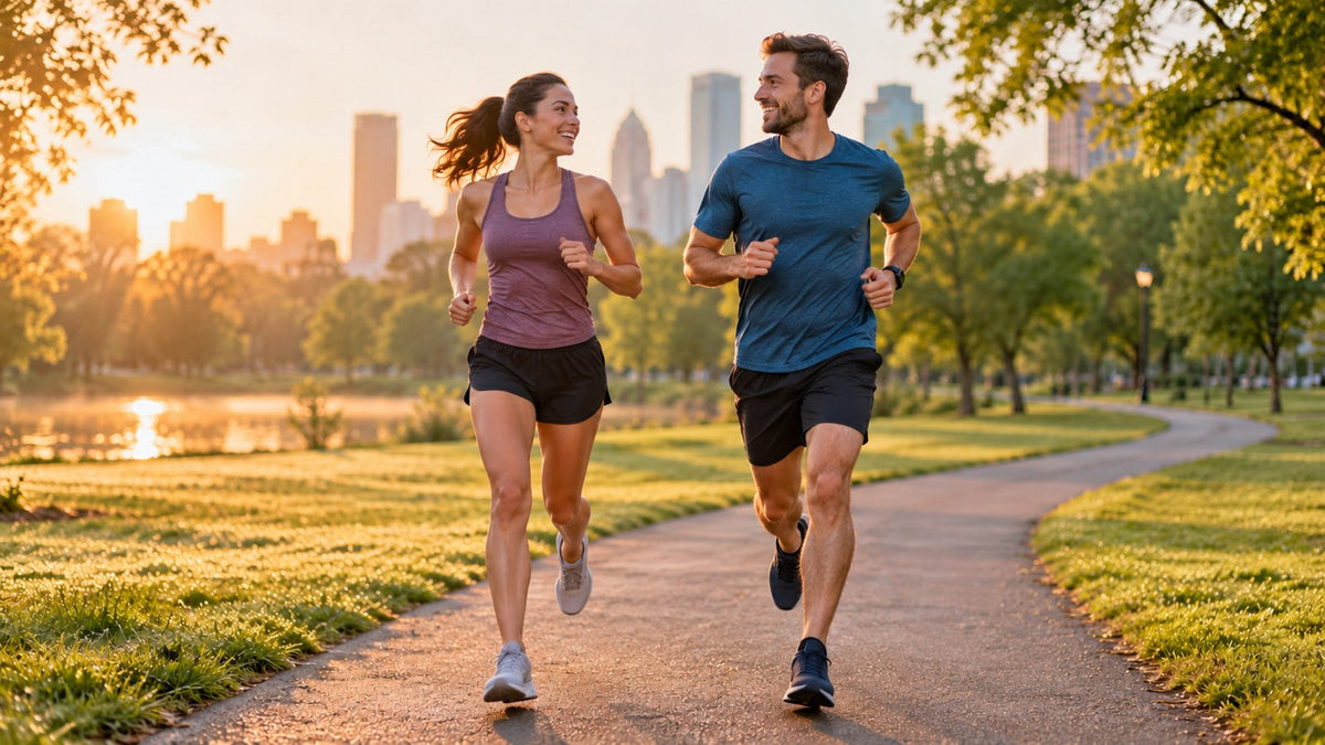 A woman and a man jogging along a park path at sunrise