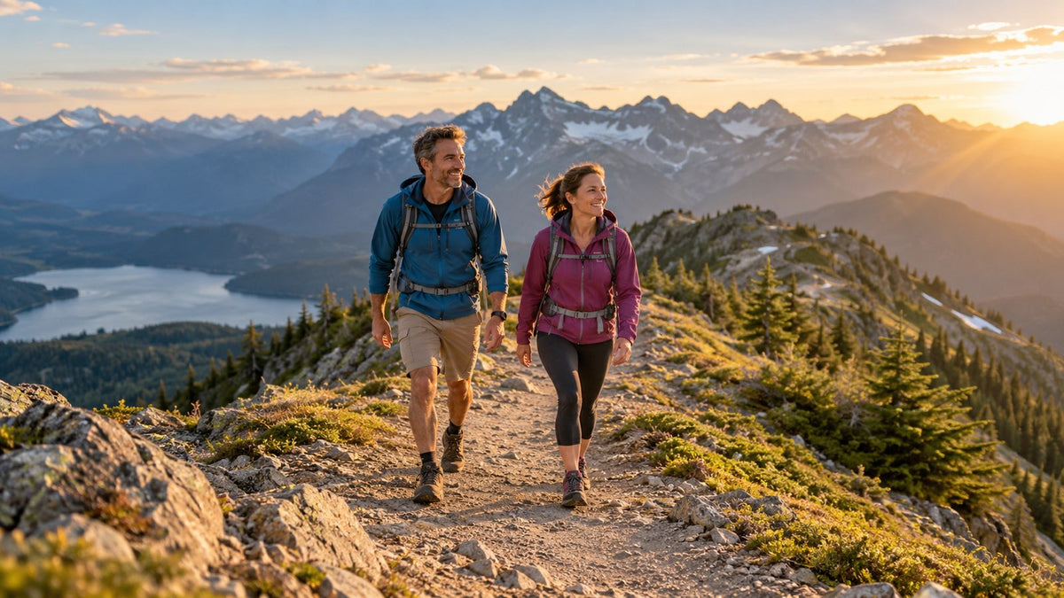 Two hikers on a mountain ridge trail at sunrise