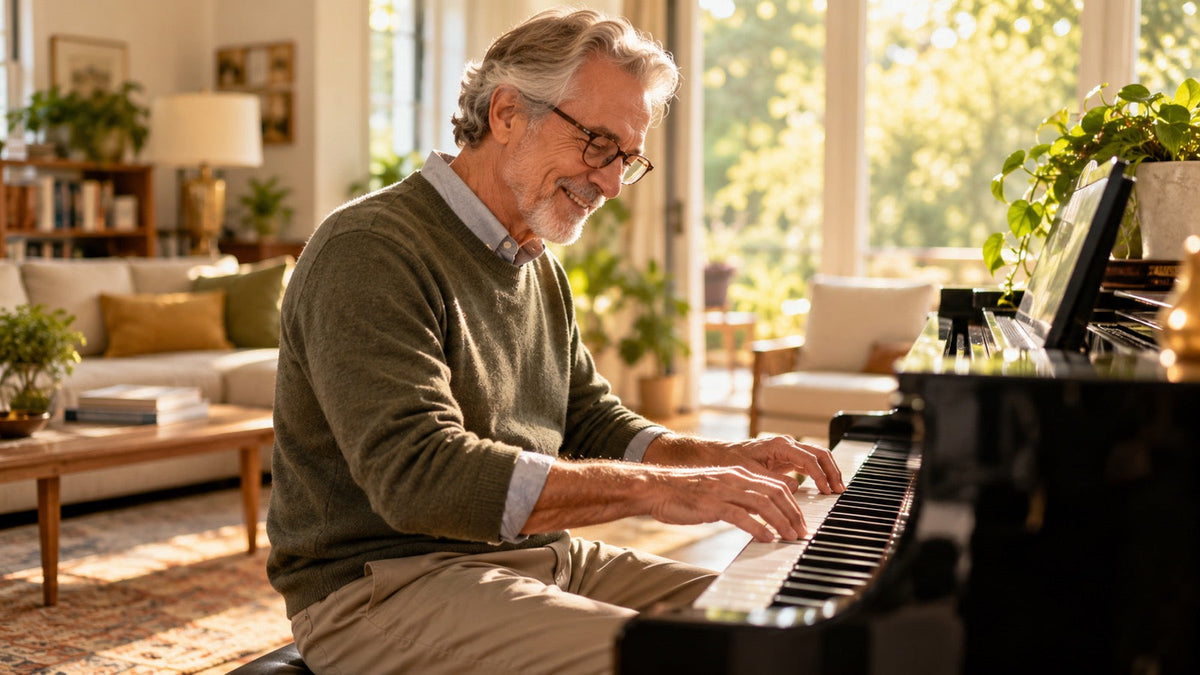 An older man playing the piano in a sunlit living room