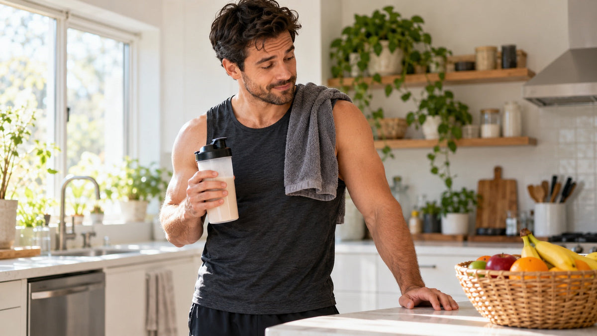 A man in a bright kitchen after a workout, with a smoothie and a bowl of fruit