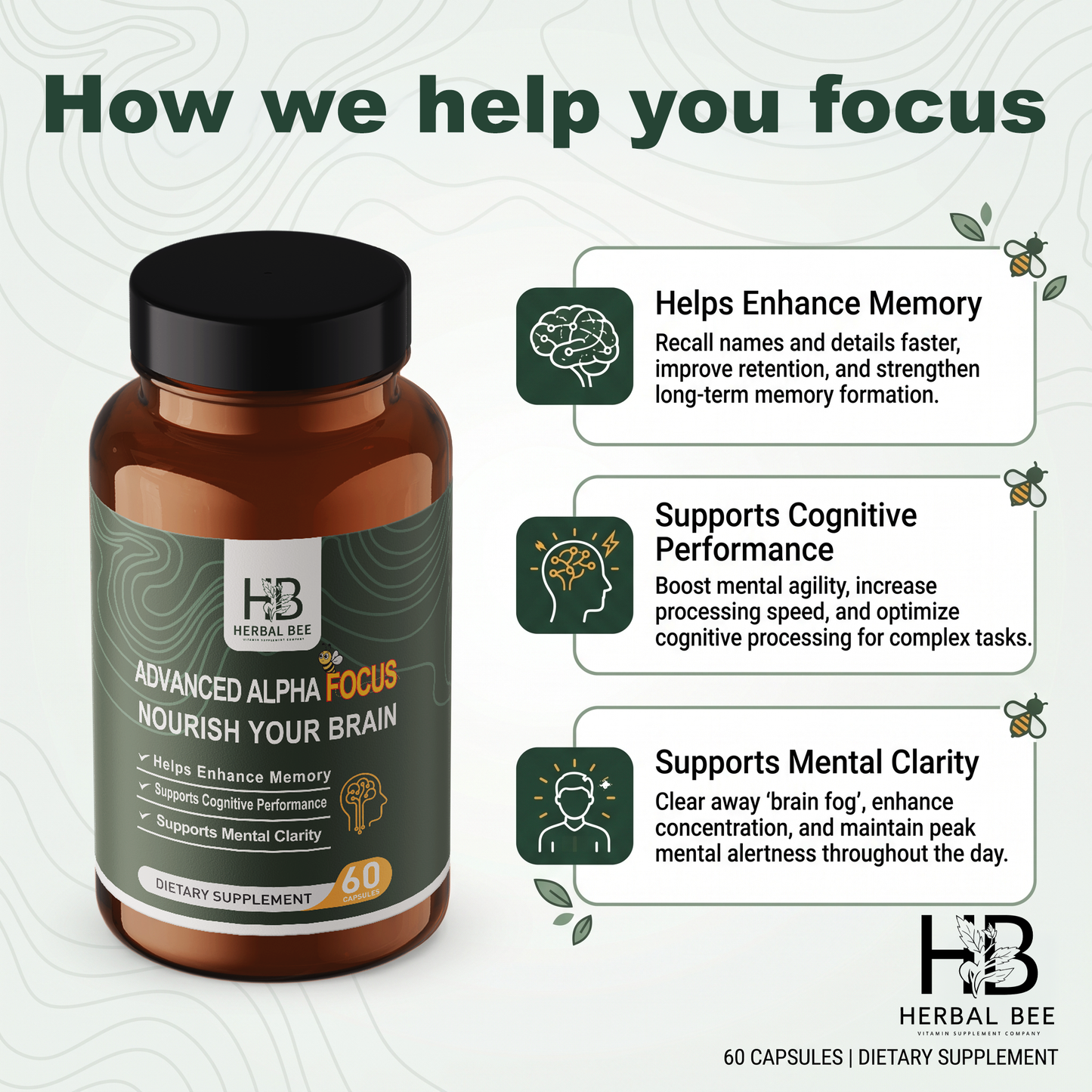 Advanced Alpha Focus Brain – Supports Memory, Cognitive Performance| L-Tyrosine, Ginkgo Biloba, L-Theanine | , 60 Capsules