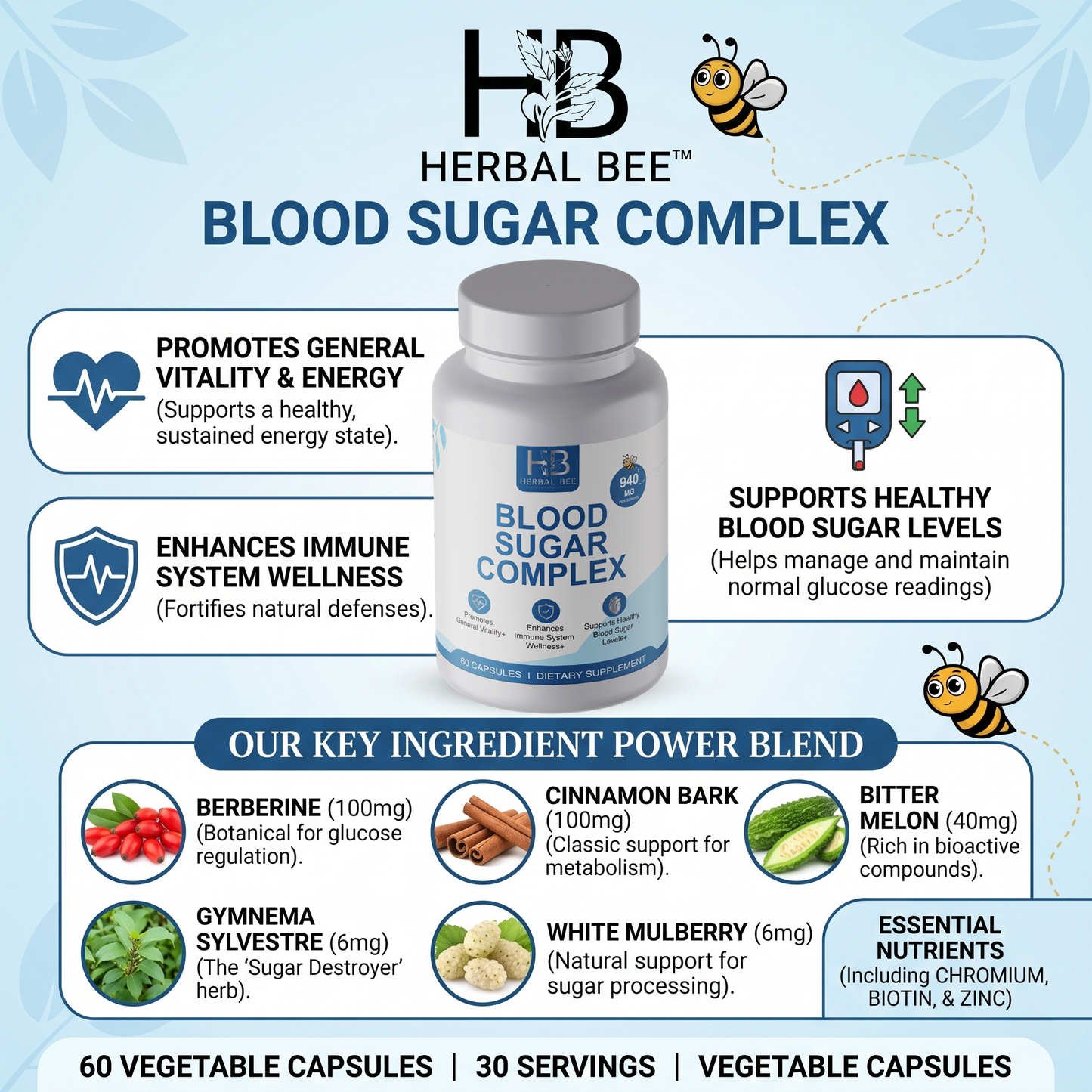 Herbal Bee Blood Sugar Complex Supplement – 940mg High Potency Formula | Supports Healthy Blood Sugar Levels | Berberine, Cinnamon, Gymnema Sylvestre | Certified, 60 Capsules