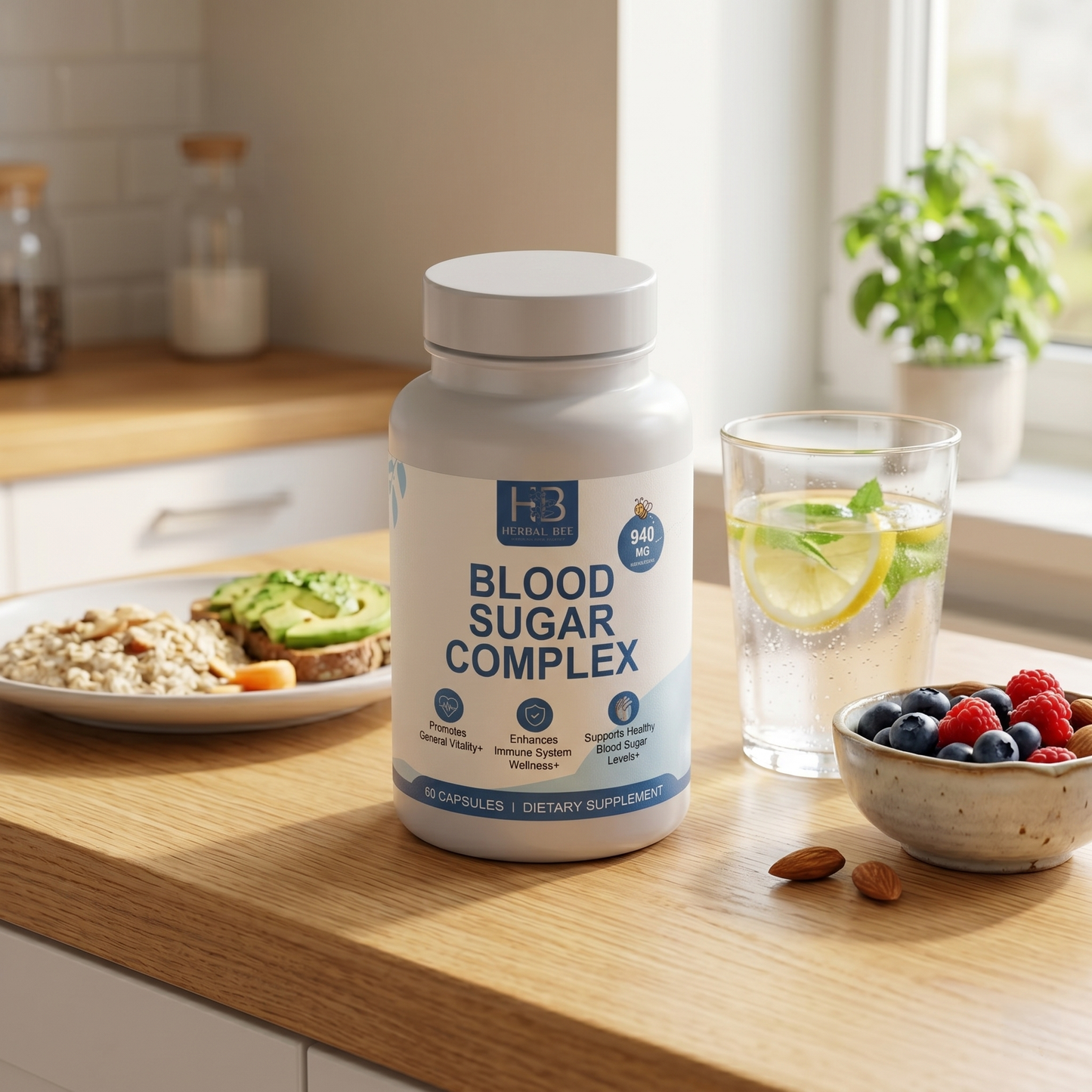 Herbal Bee Blood Sugar Complex Supplement – 940mg High Potency Formula | Supports Healthy Blood Sugar Levels | Berberine, Cinnamon, Gymnema Sylvestre | Certified, 60 Capsules