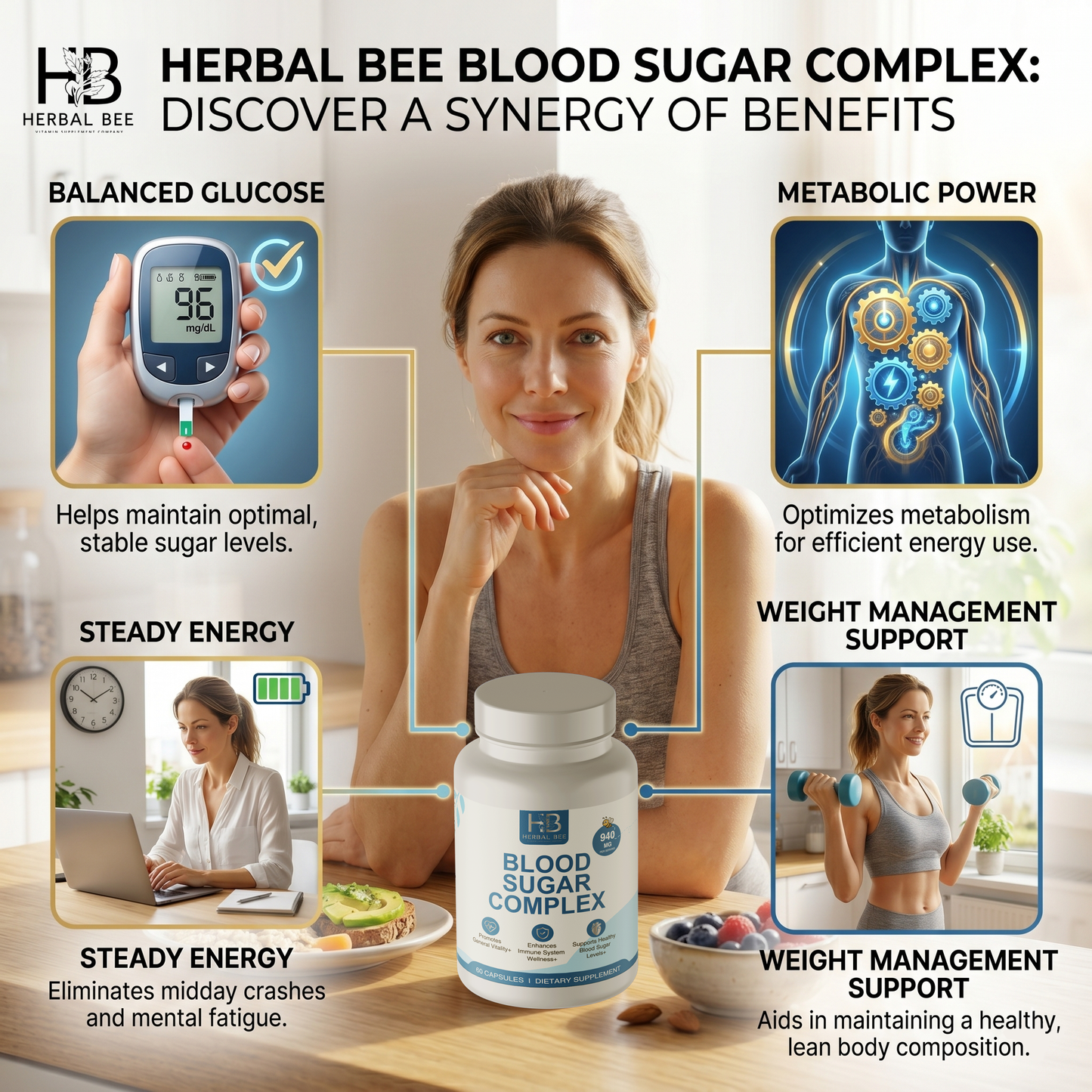 Herbal Bee Blood Sugar Complex Supplement – 940mg High Potency Formula | Supports Healthy Blood Sugar Levels | Berberine, Cinnamon, Gymnema Sylvestre | Certified, 60 Capsules