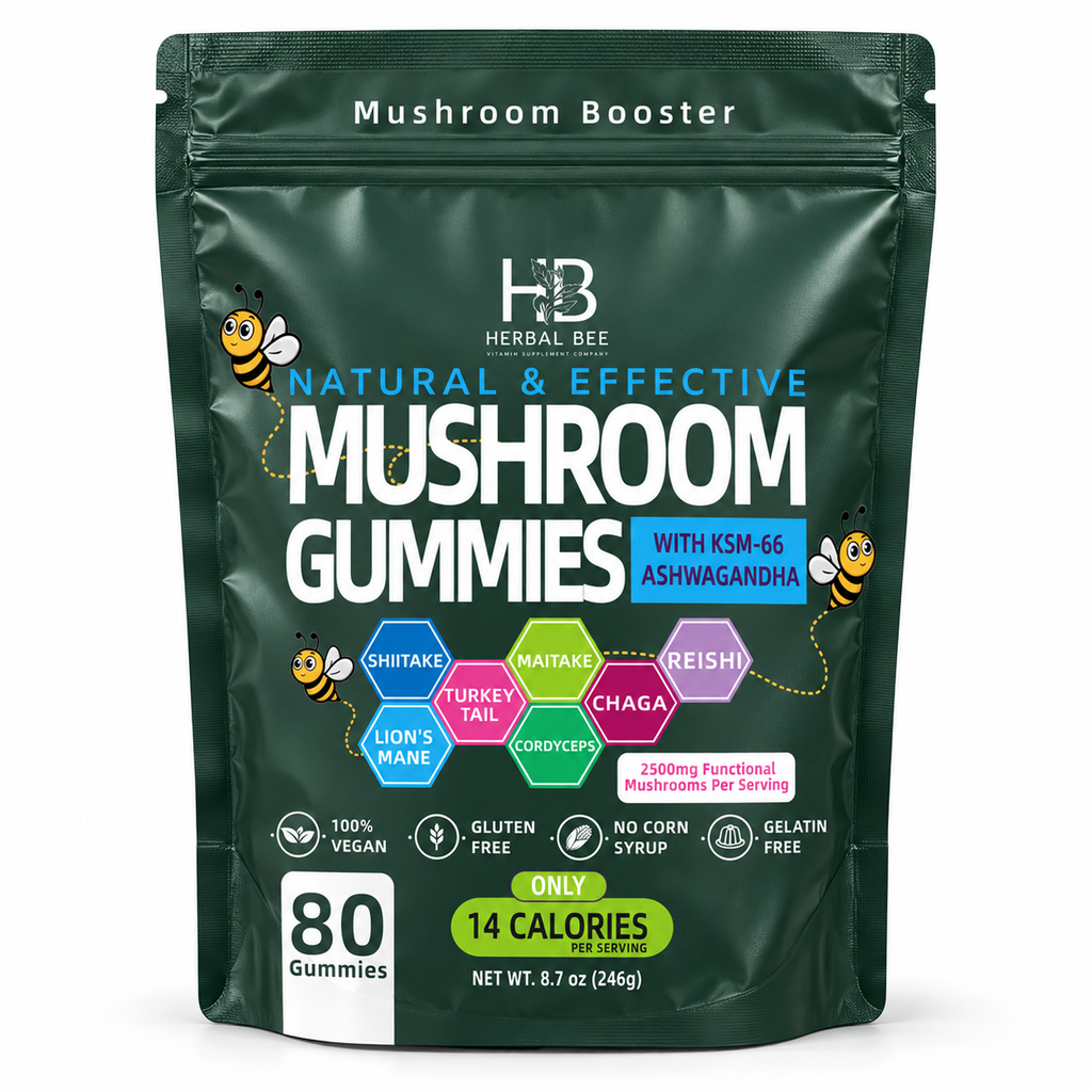 Herbal Bee Mushroom Gummies – Lion's Mane, Ashwagandha & 6 Mushrooms, 80 Gummies