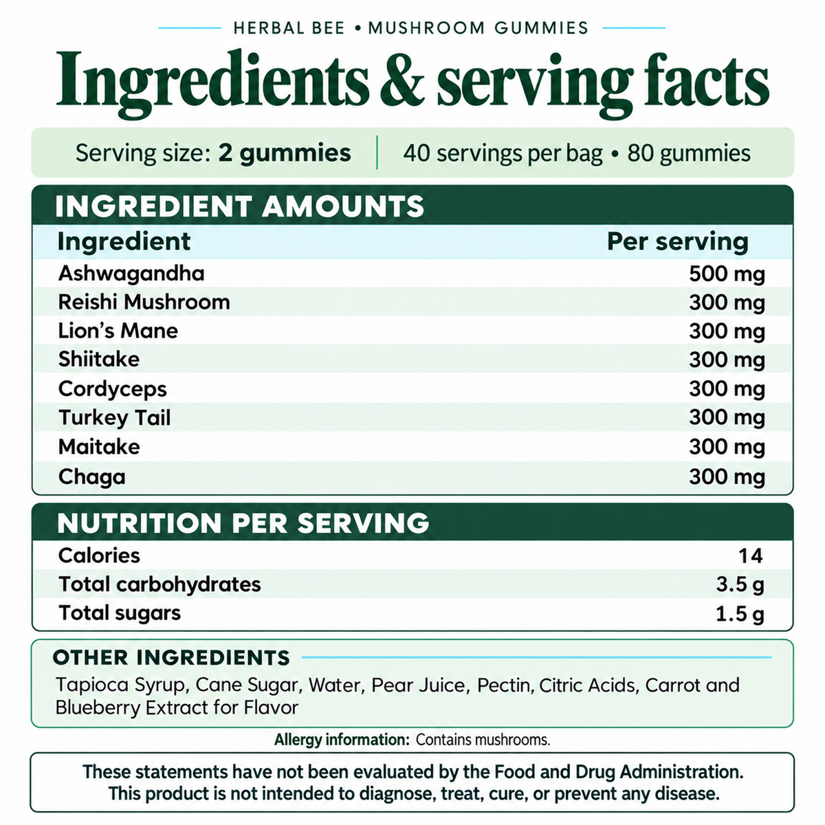 Herbal Bee Mushroom Gummies – Lion's Mane, Ashwagandha & 6 Mushrooms, 80 Gummies