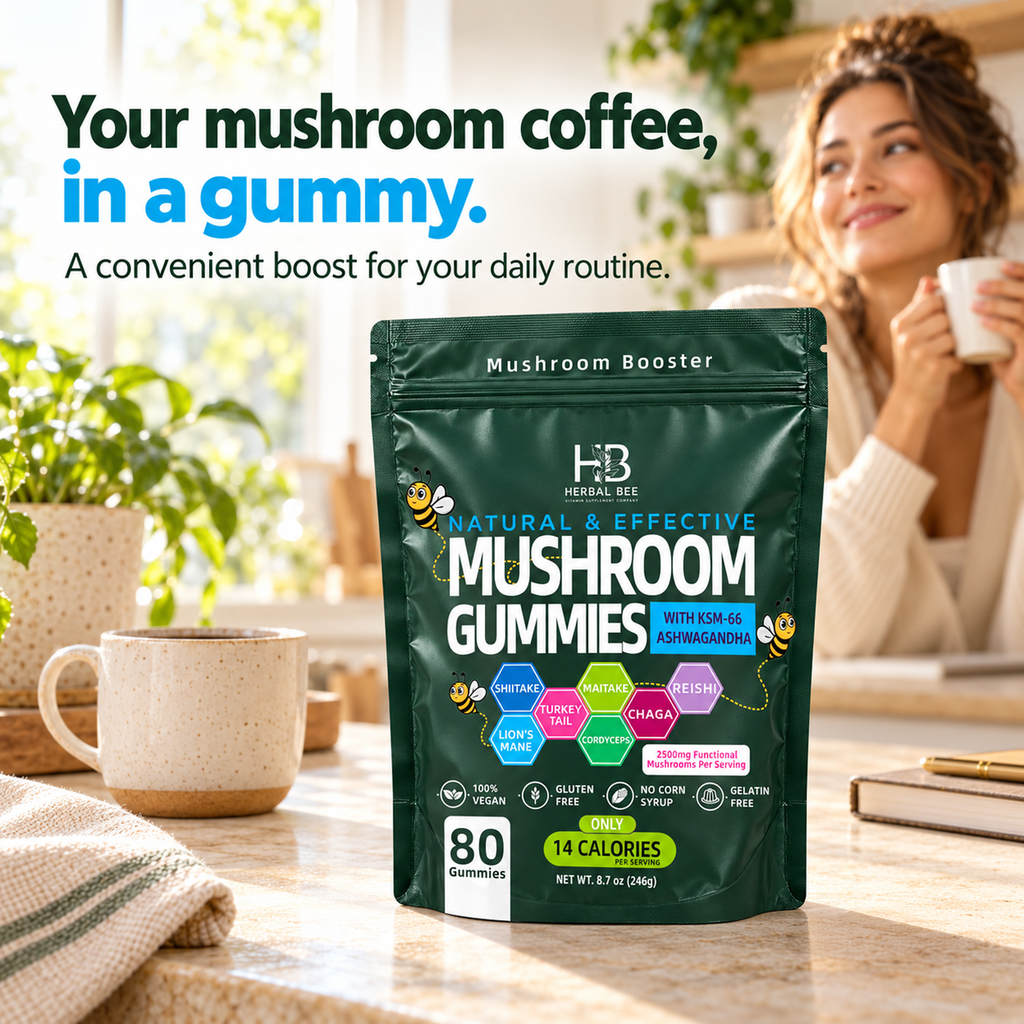 Herbal Bee Mushroom Gummies – Lion's Mane, Ashwagandha & 6 Mushrooms, 80 Gummies