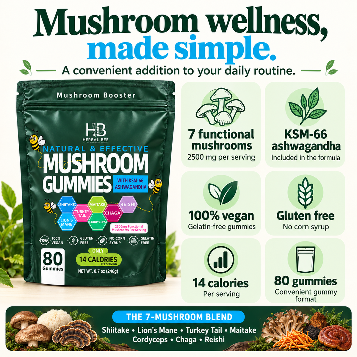 Herbal Bee Mushroom Gummies – Lion's Mane, Ashwagandha & 6 Mushrooms, 80 Gummies