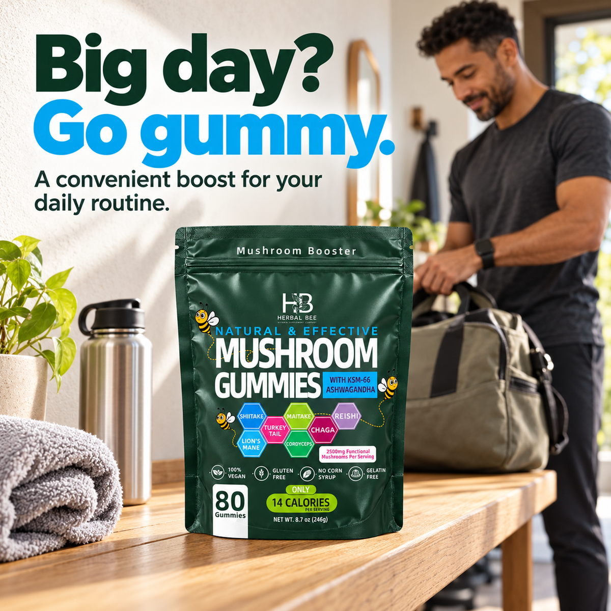 Herbal Bee Mushroom Gummies – Lion's Mane, Ashwagandha & 6 Mushrooms, 80 Gummies