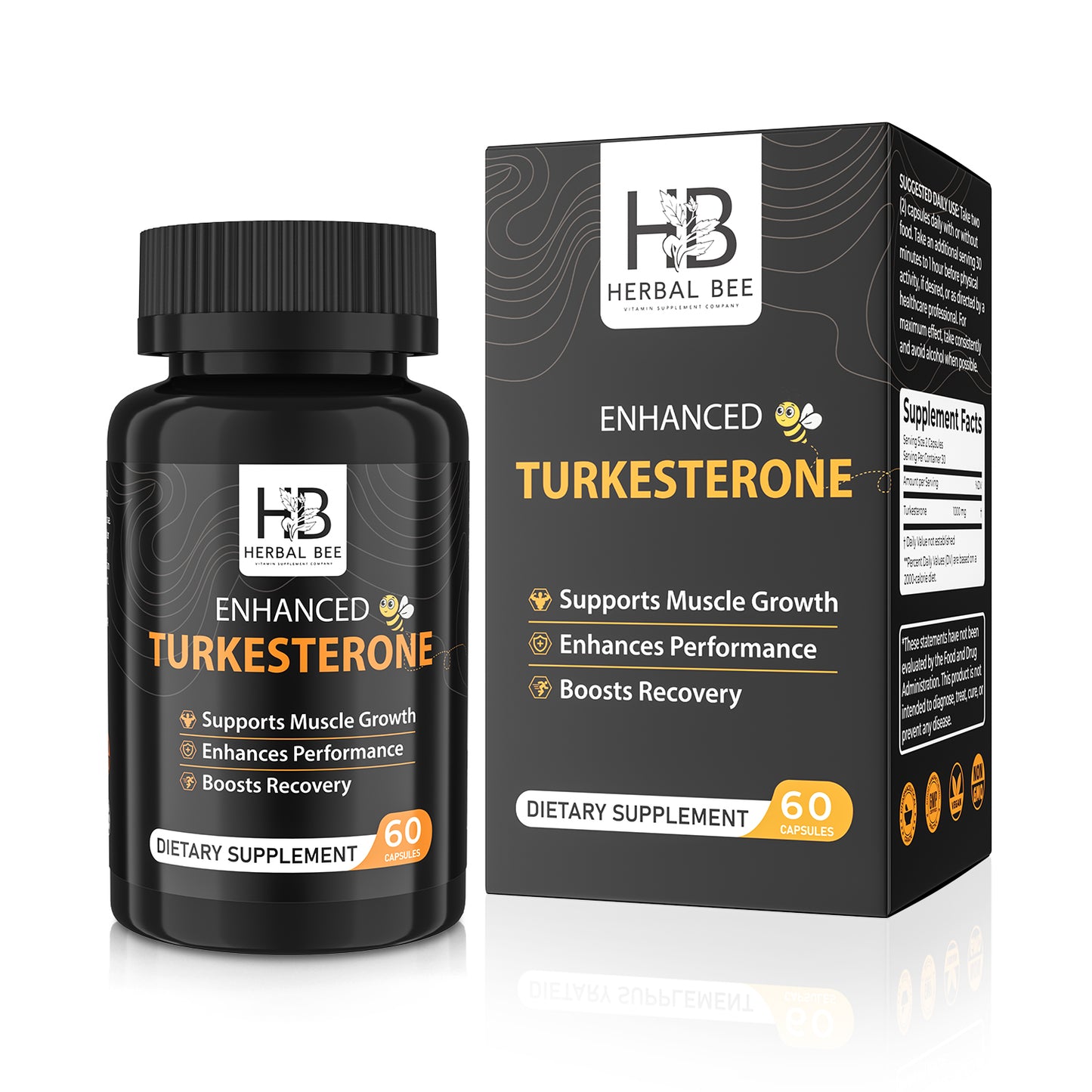 Herbal Bee Turkesterone Supplement For Men & Women – 1,000mg High Potency Turkesterone Extract | Supports Healthy Testosterone Levels, Muscle Growth, 60 Capsules