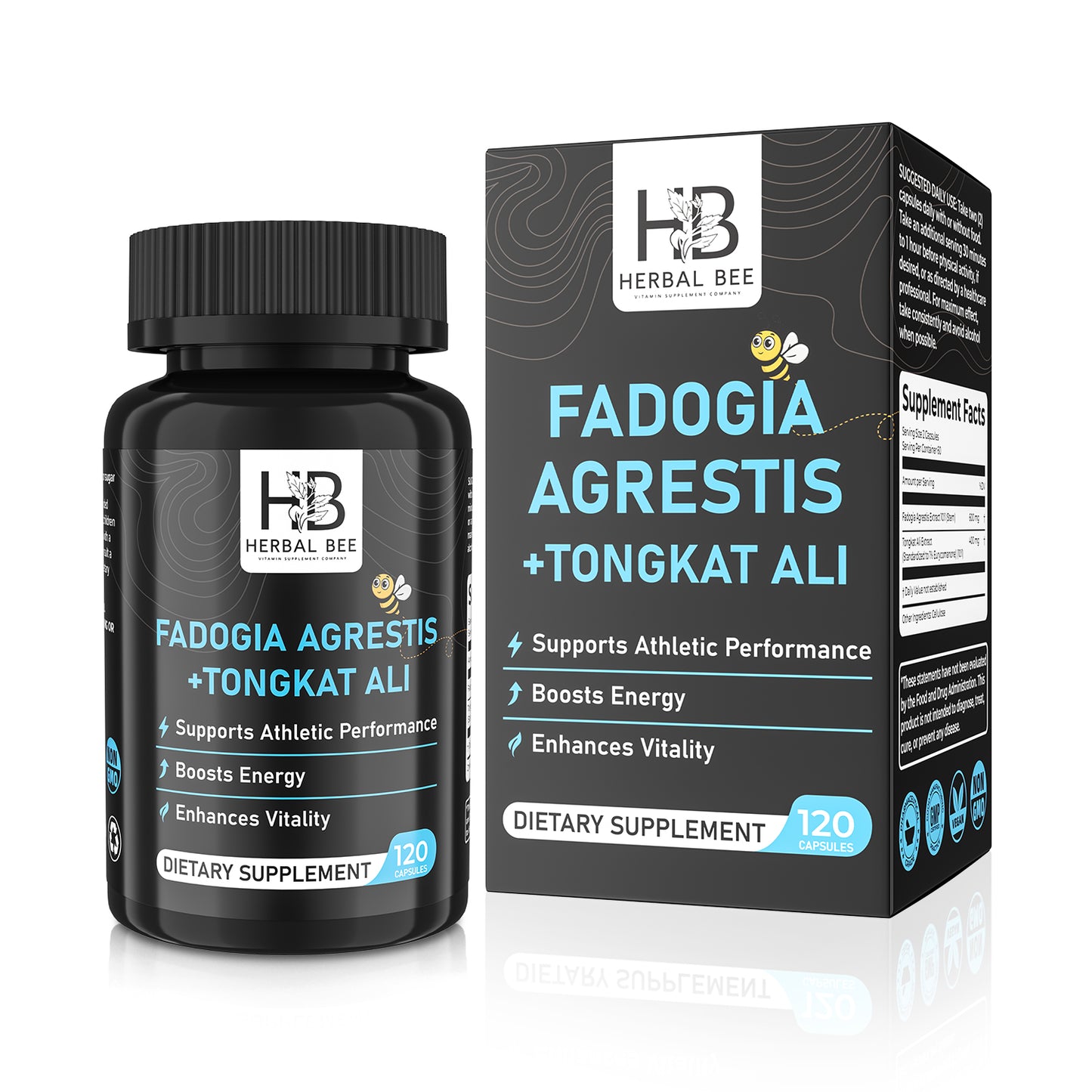 Herbal Bee Fadogia Agrestis + Tongkat Ali, Athletic Performance & Energy Support – Vitality, Stamina & Hormone Balance – 120 Capsules (60 Servings)