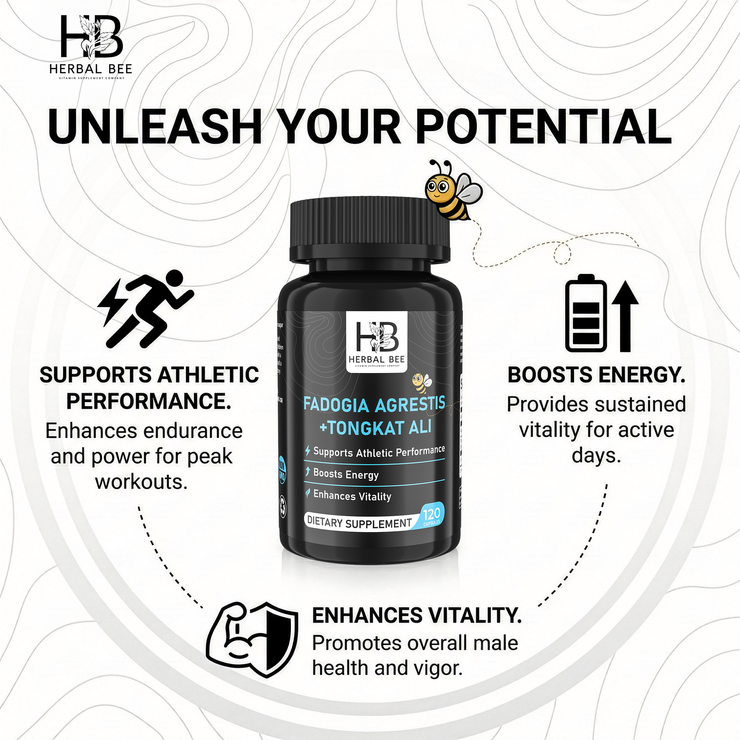 Herbal Bee Fadogia Agrestis + Tongkat Ali, Athletic Performance & Energy Support – Vitality, Stamina & Hormone Balance – 120 Capsules (60 Servings)