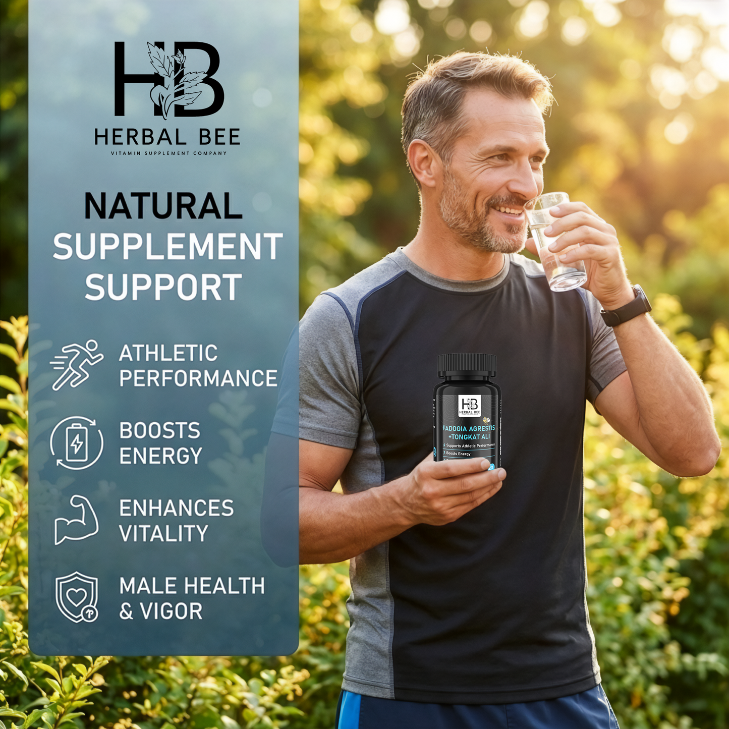 Herbal Bee Fadogia Agrestis + Tongkat Ali, Athletic Performance & Energy Support – Vitality, Stamina & Hormone Balance – 120 Capsules (60 Servings)