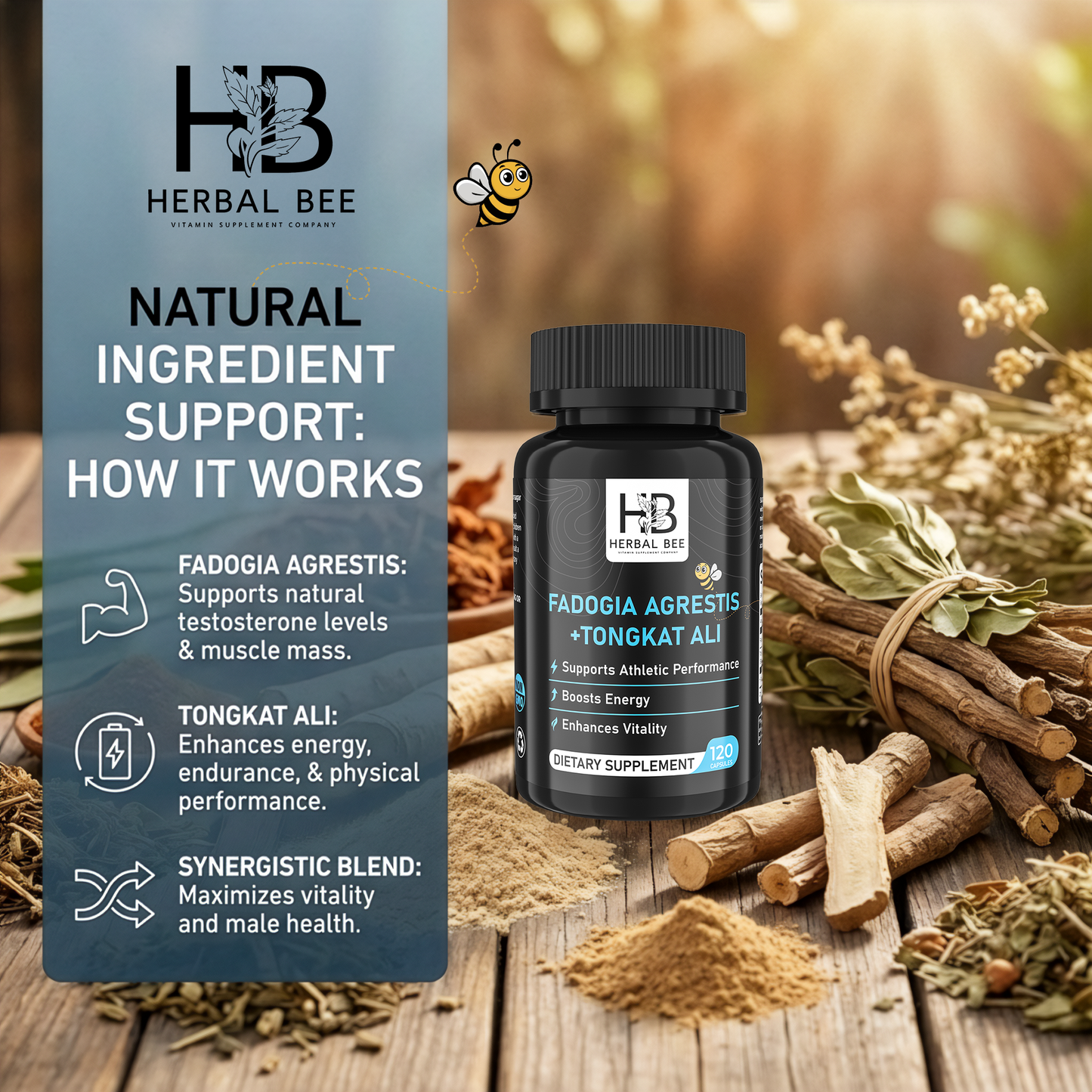 Herbal Bee Fadogia Agrestis + Tongkat Ali, Athletic Performance & Energy Support – Vitality, Stamina & Hormone Balance – 120 Capsules (60 Servings)