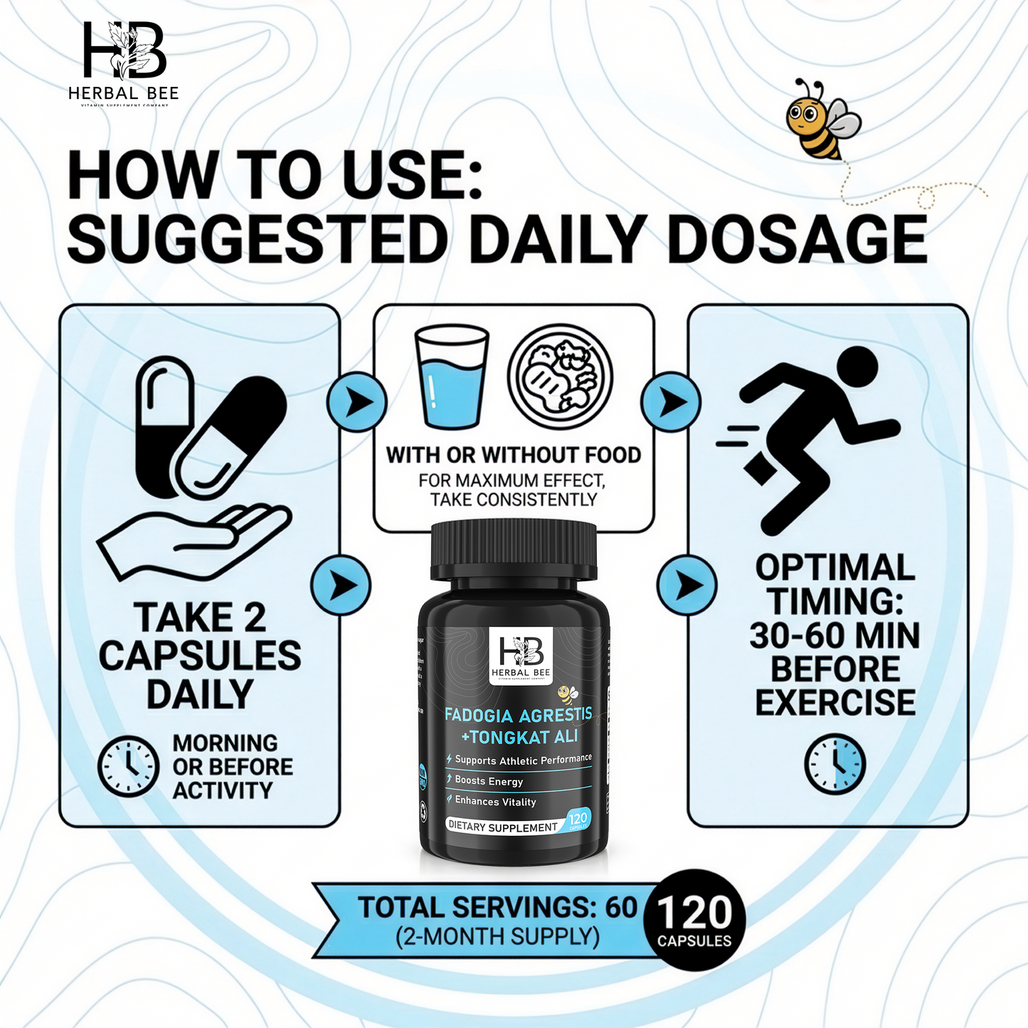 Herbal Bee Fadogia Agrestis + Tongkat Ali, Athletic Performance & Energy Support – Vitality, Stamina & Hormone Balance – 120 Capsules (60 Servings)