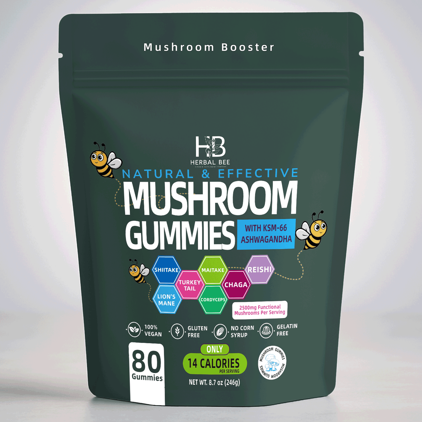 Organic Ashwagandha & Lions Mane Mushroom Gummies - Reishi, Cordyceps, Turkey Tail, Maitake | 80 gummies