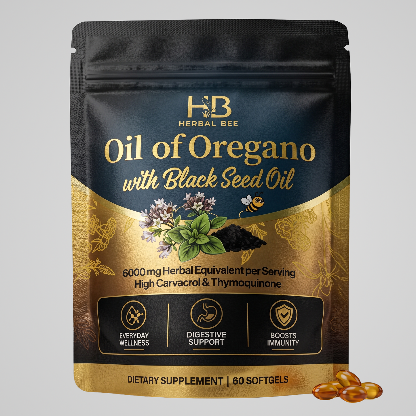 Herbal Bee Oil of Oregano with Black Seed Oil – 6000mg Herbal Equivalent Per Serving | High Carvacrol & Thymoquinone   Everyday  | GMP Certified, 60 Softgels