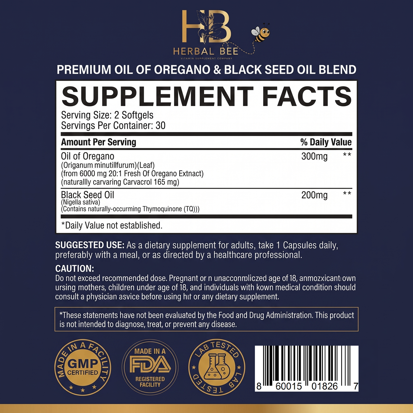 Herbal Bee Oil of Oregano with Black Seed Oil – 6000mg Herbal Equivalent Per Serving | High Carvacrol & Thymoquinone   Everyday  | GMP Certified, 60 Softgels