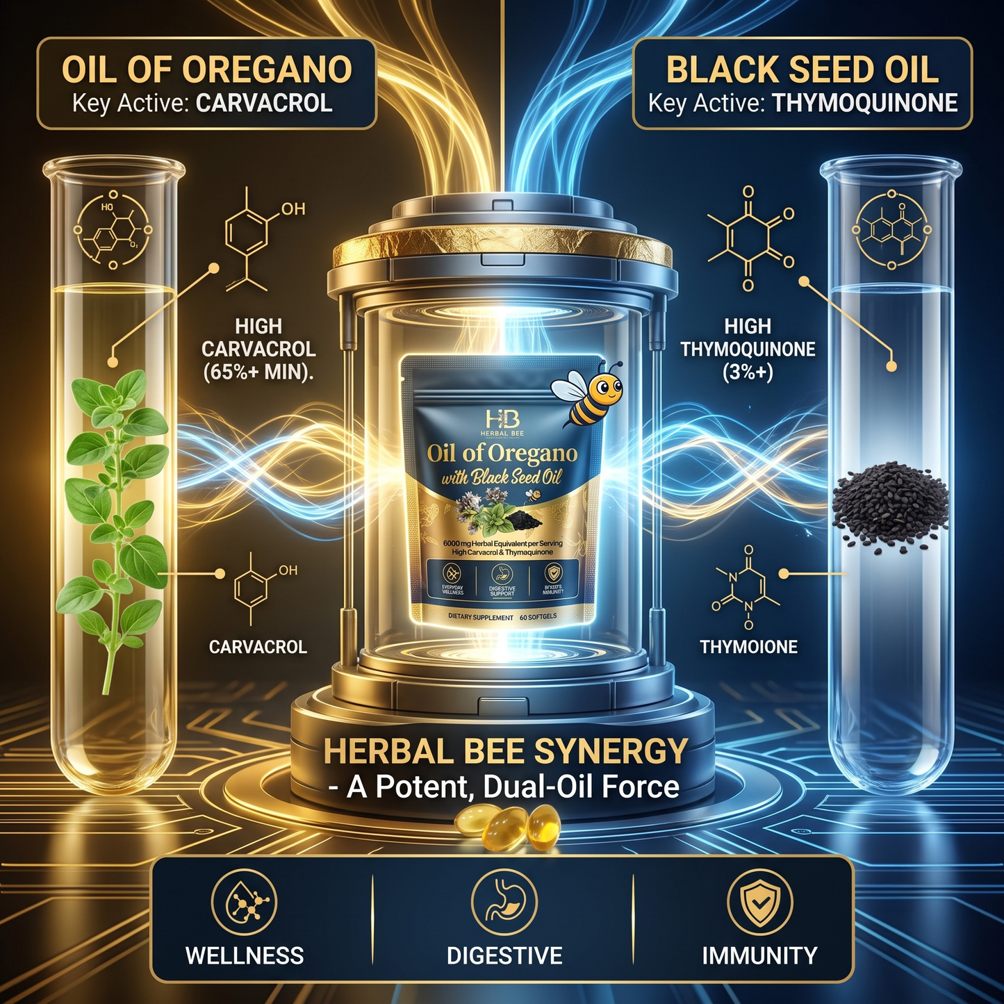 Herbal Bee Oil of Oregano with Black Seed Oil – 6000mg Herbal Equivalent Per Serving | High Carvacrol & Thymoquinone   Everyday  | GMP Certified, 60 Softgels