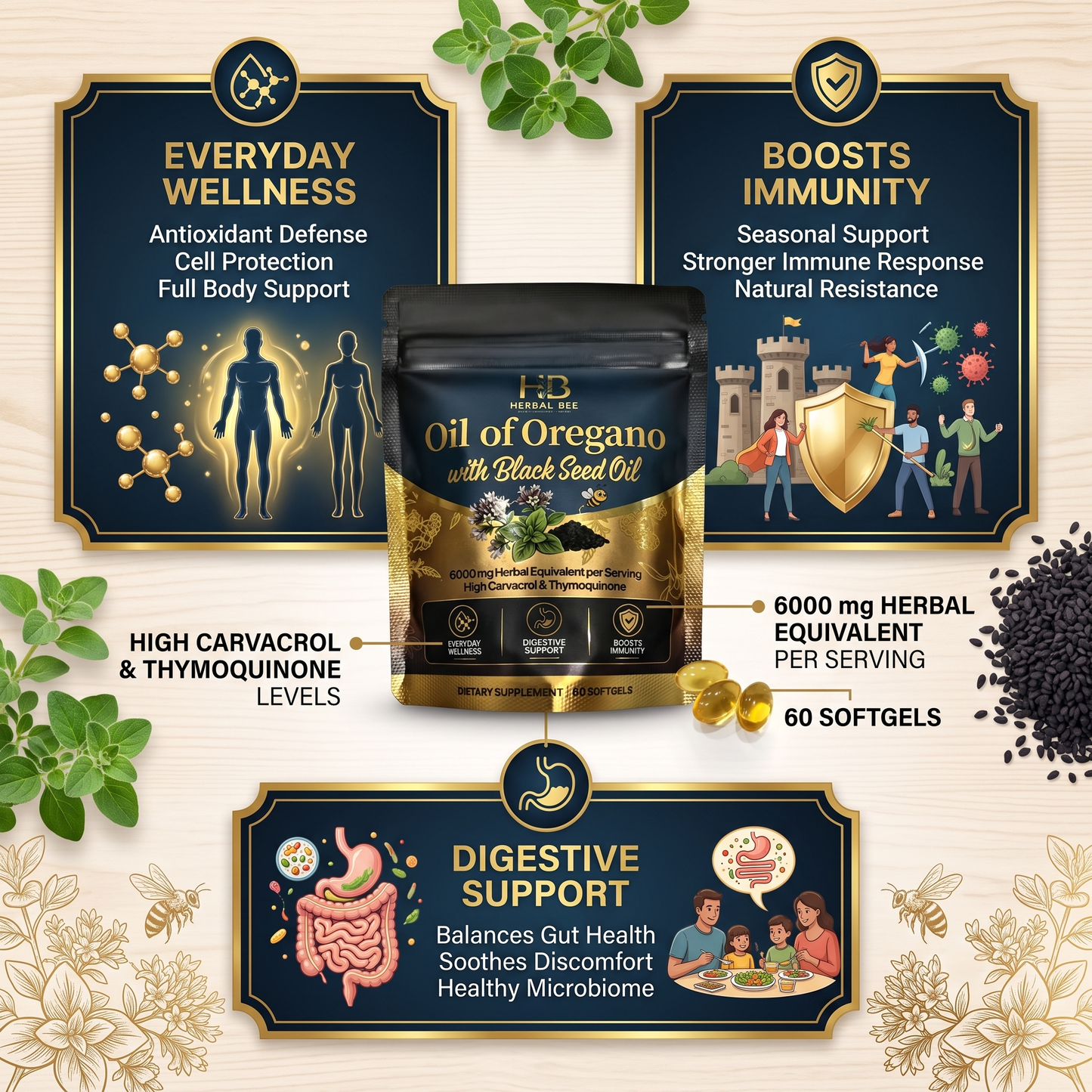 Herbal Bee Oil of Oregano with Black Seed Oil – 6000mg Herbal Equivalent Per Serving | High Carvacrol & Thymoquinone   Everyday  | GMP Certified, 60 Softgels