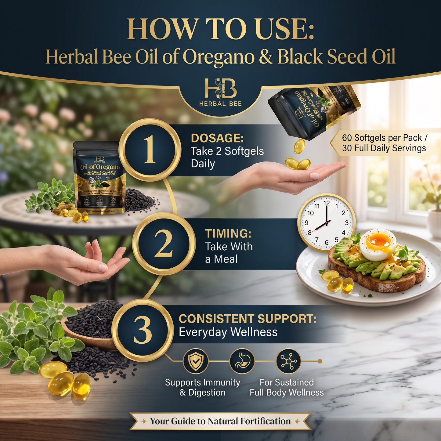 Herbal Bee Oil of Oregano with Black Seed Oil – 6000mg Herbal Equivalent Per Serving | High Carvacrol & Thymoquinone   Everyday  | GMP Certified, 60 Softgels
