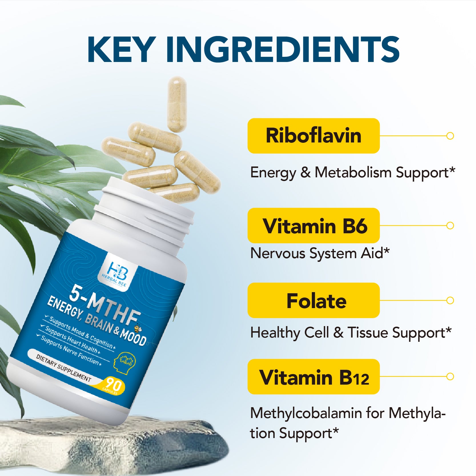 Herbal Bee 5-MTHF Energy, Brain & Mood – Methylated Folate with B6, B12, Riboflavin – Supports Cognitive Health | 90 Capsules