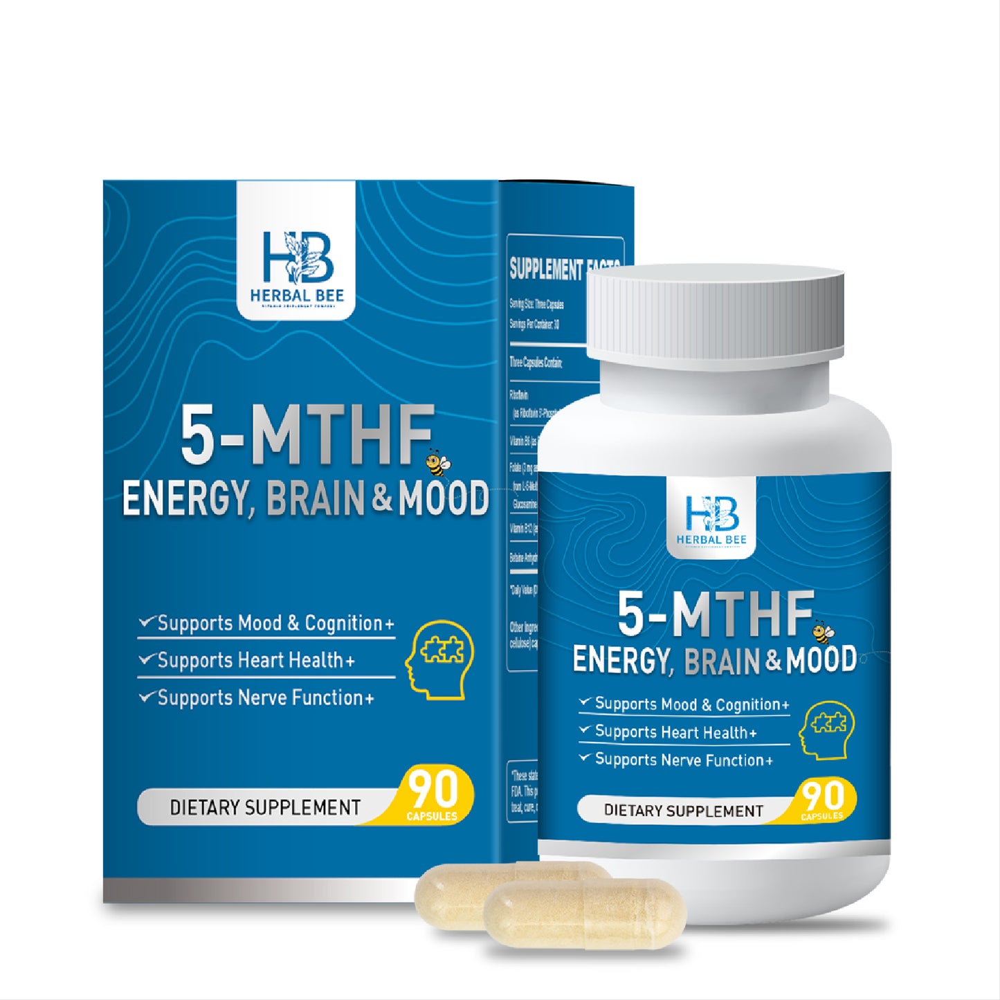 Herbal Bee 5-MTHF Energy, Brain & Mood – Methylated Folate with B6, B12, Riboflavin – Supports Cognitive Health | 90 Capsules