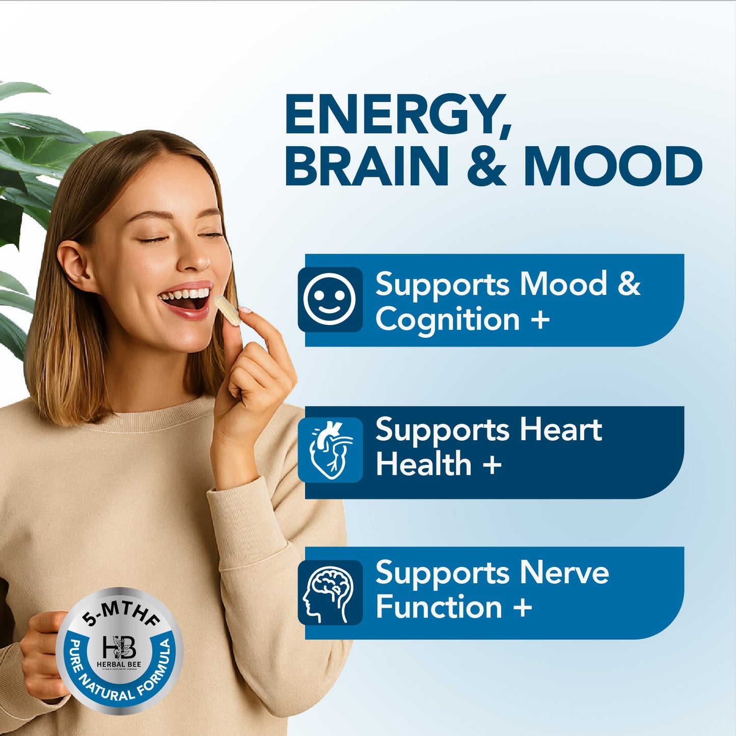 Herbal Bee 5-MTHF Energy, Brain & Mood – Methylated Folate with B6, B12, Riboflavin – Supports Cognitive Health | 90 Capsules
