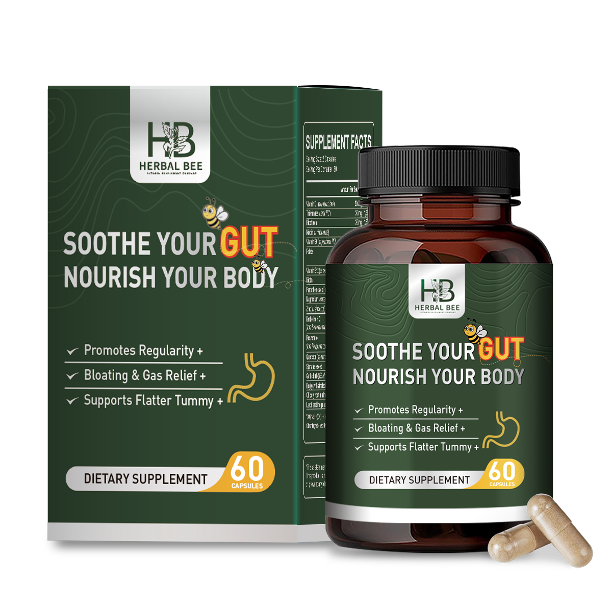 Herbal Bee Gut Health supplement, 60 capsules