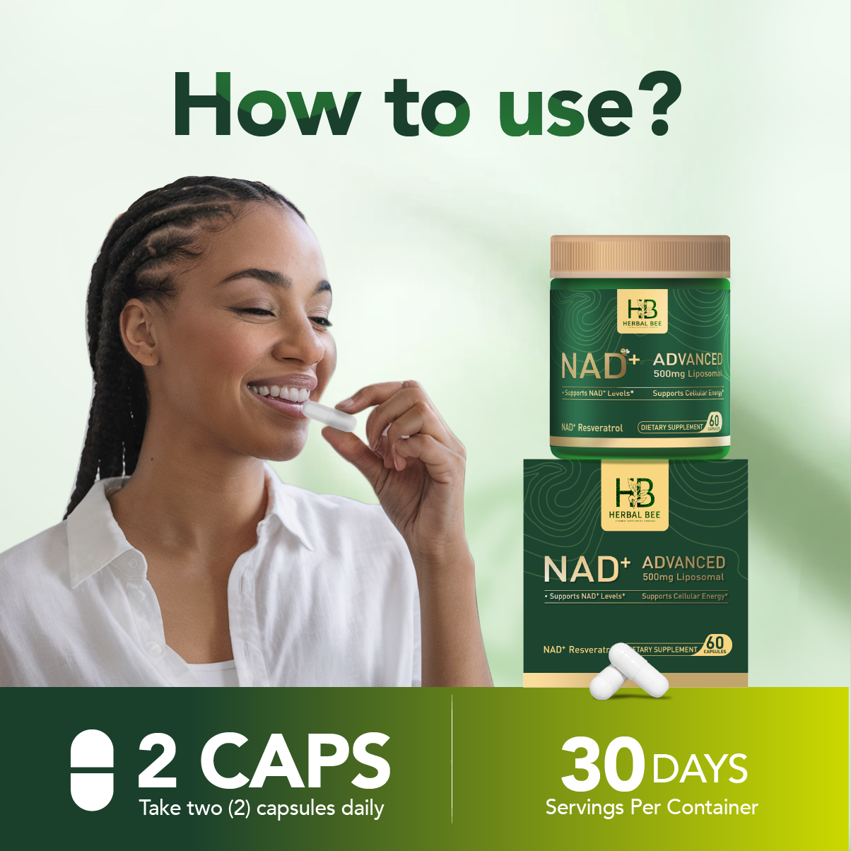 Herbal Bee Liposomal Nad+, Cellular Energy & Mitochondrial Support – Healthy Aging & Antioxidant Support – 60 Capsules (30 Servings)
