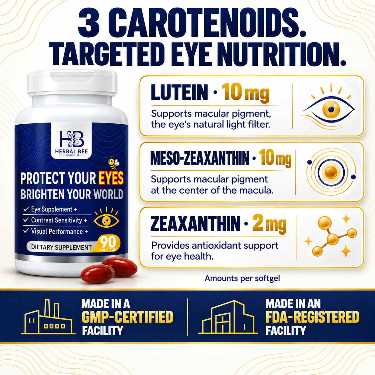 Herbal Bee Eye Supplement – Lutein, Meso-Zeaxanthin & Zeaxanthin, 90 Softgels