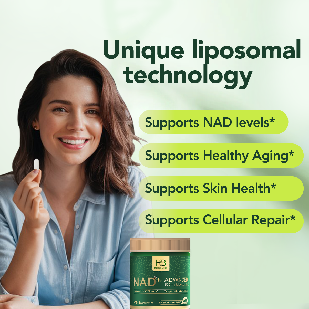 Herbal Bee Liposomal Nad+, Cellular Energy & Mitochondrial Support – Healthy Aging & Antioxidant Support – 60 Capsules (30 Servings)